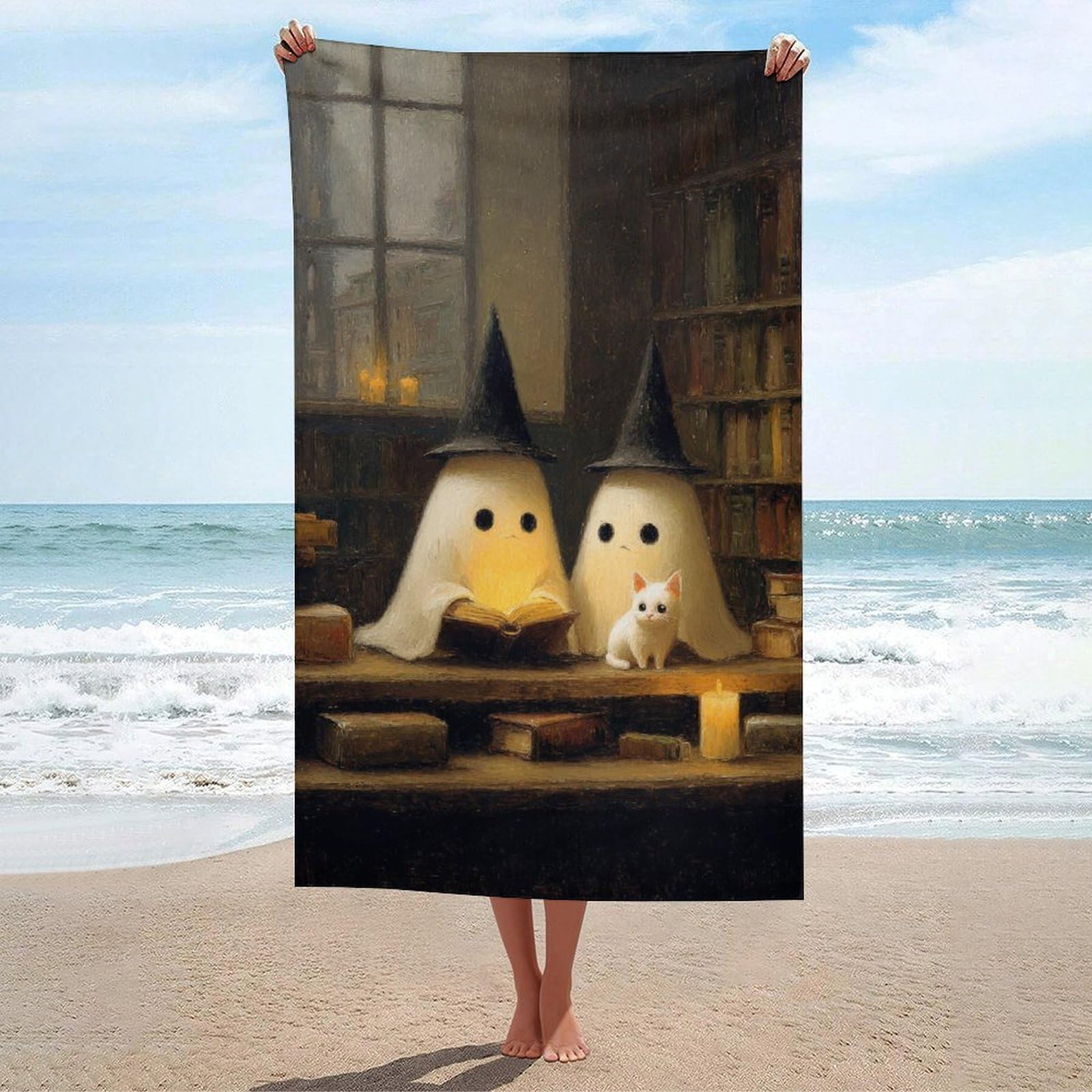 LSRCPD Cute Witch Ghosts Reading Old Library Beach Towel Sand Free Microfiber Large Shower Towels Multipurpose Absorbent for Bathroom Pool 130x80 CM