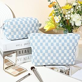 SOIDRAM 2 Pieces Makeup Bag Large Checkered Cosmetic Bag Capacity Canvas Mix Travel Toiletry Bag Organizer Cute Makeup Brushes Aesthetic Accessories Storage Bag for Women, Checkered Mix Blue