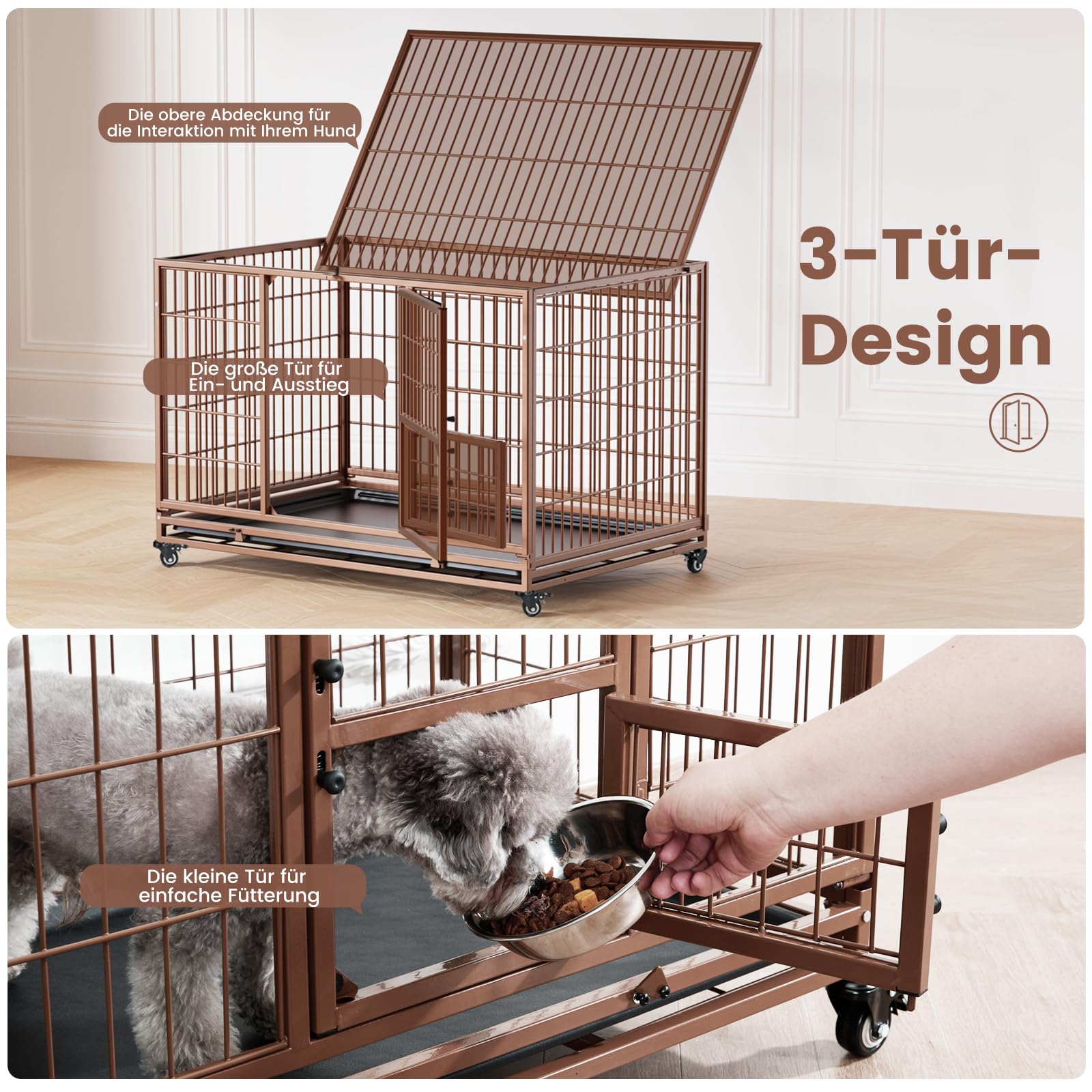 Gardner Pet Hundekäfig faltbar, 82 x 52 x 56 cm, Braun | 3 Türen, Transportkäfig für kleine Hunde mit Höhenangst, Feststellbare Räder, Herausnehmbare Bodenschale