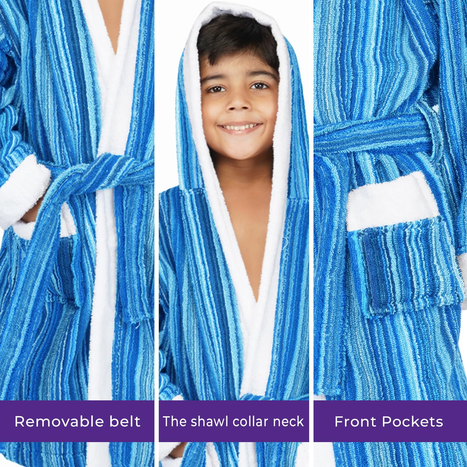 RANGOLI Tonal 100% Cotton Bathrobe For Kids - AQUA| 400 GSM Ultra soft, Super Absorbent Hooded After Swimming Bath Robe for Boys & Girls | Unisex Bathing Gown For Children - 7-8 Years Old 3