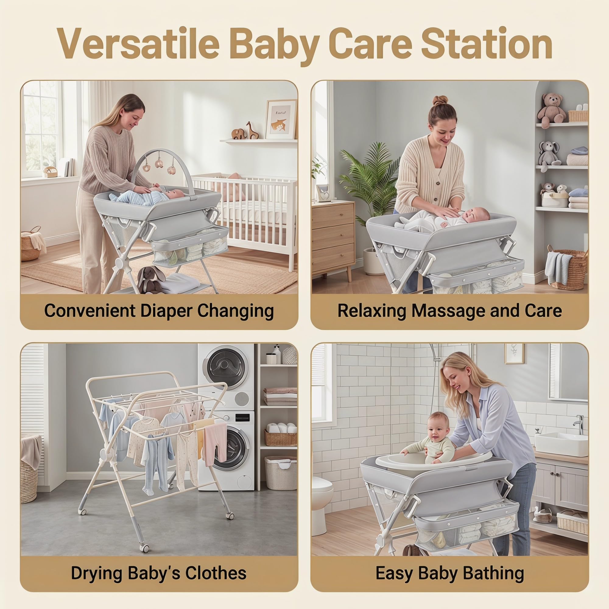 LIFEZEAL Table à Langer Pliante Réglable en Hauteur avec Rangements | Commode à Langer Portable pour Nouveau-nés et Nourrissons 0-12 Mois avec Roulettes Freinées, Arche de Jeux et Charge 25 KG