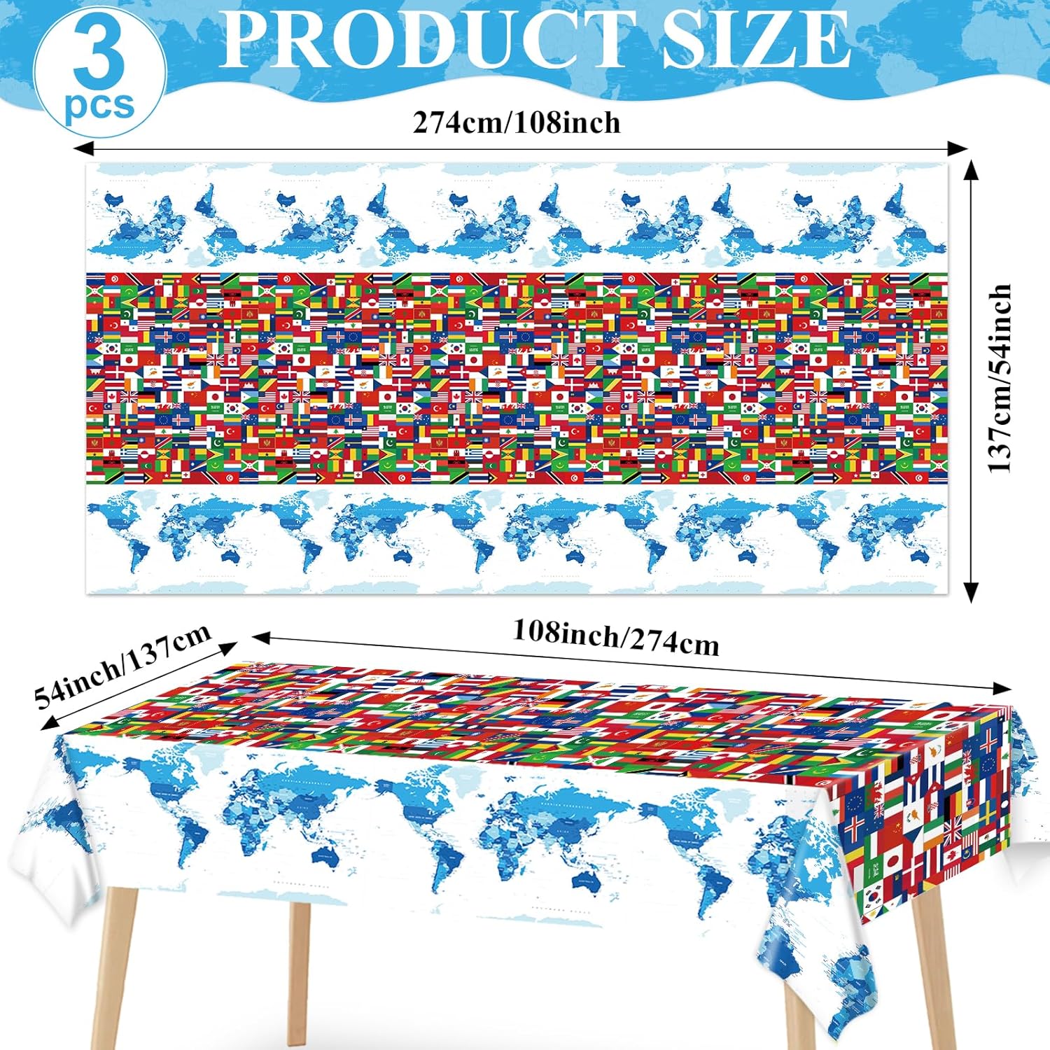 party greeting 3Pcs International Flag Table Decorations World Flag Tablecloth Disposable Rectangle Desktop Table Cover Plastic Tables Cloth for Birthday Party Decor Supplies Favors 108 x 54 Inch