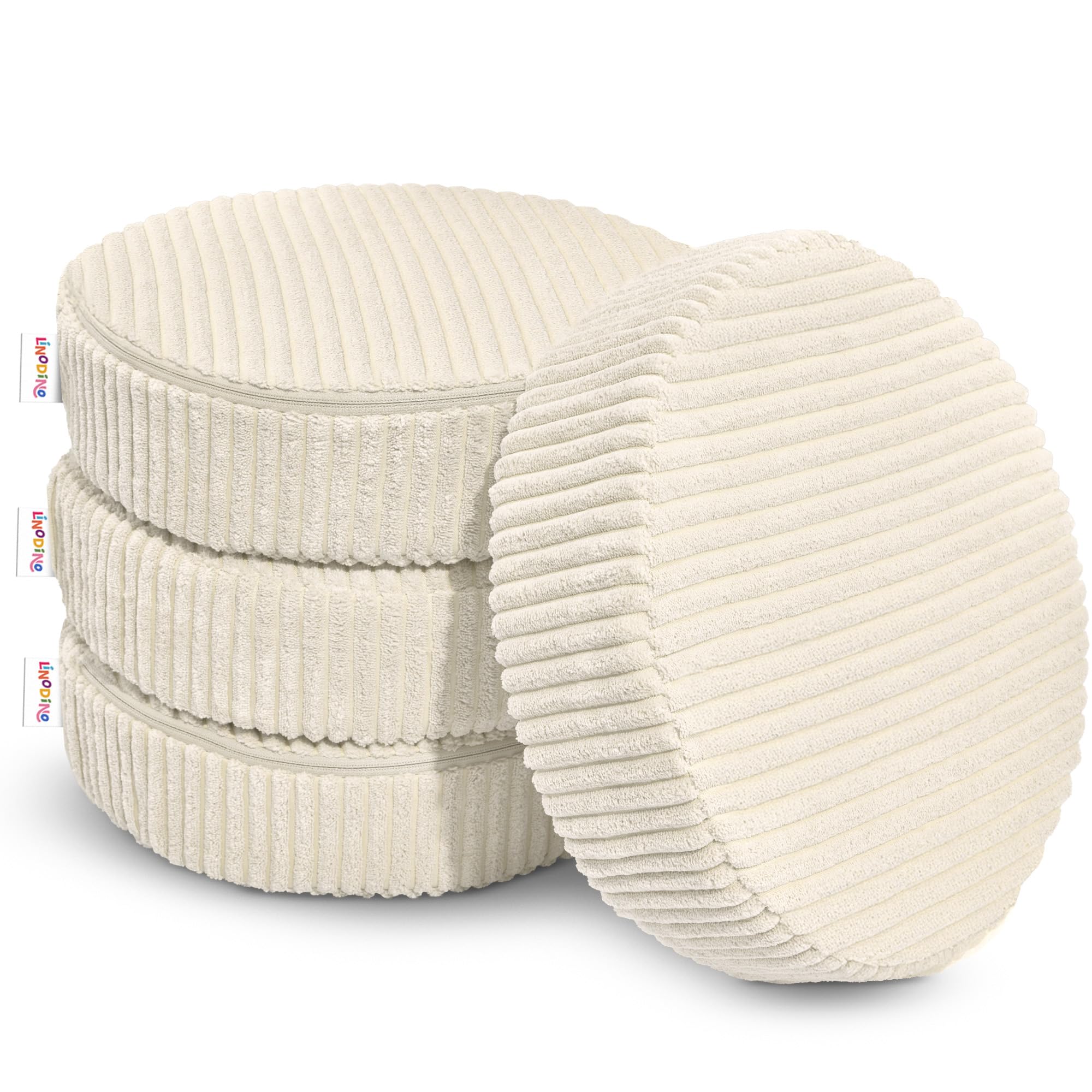 Linodino® Zaubersteine – Spielsofa Add-ons im 4er-Set | Vier Runde Schaumstoff-Kissen als Erweiterung zum Balancieren, Stapeln & Spielen I Elfenzauber Beige