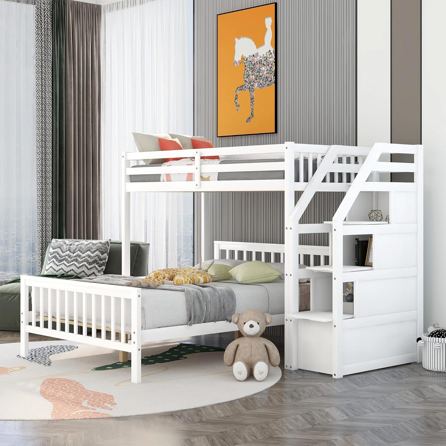 Bellemave Twin Over Full Bunk Bed, Wooden Twin Over Full Bunk Bed Frame with Storage and Stairs, Can be Divided into 2 Beds for Kids, Teens, Adults, Space-Saving Design, White