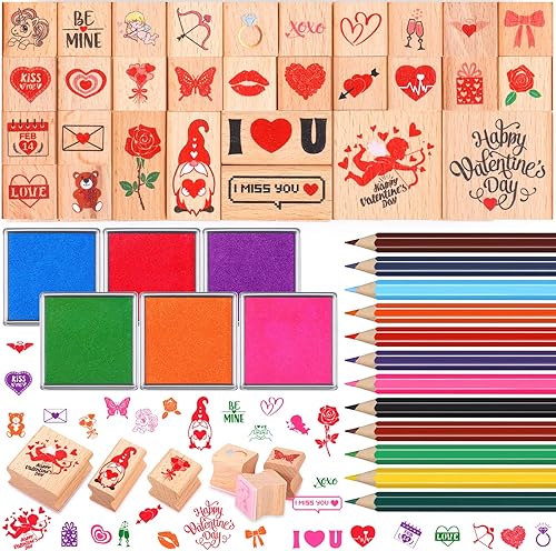 48 sellos de Pascua para el día de San Valentín para niños sellos de goma de madera con almohadilla de tinta almohadilla de tinta para lápices de