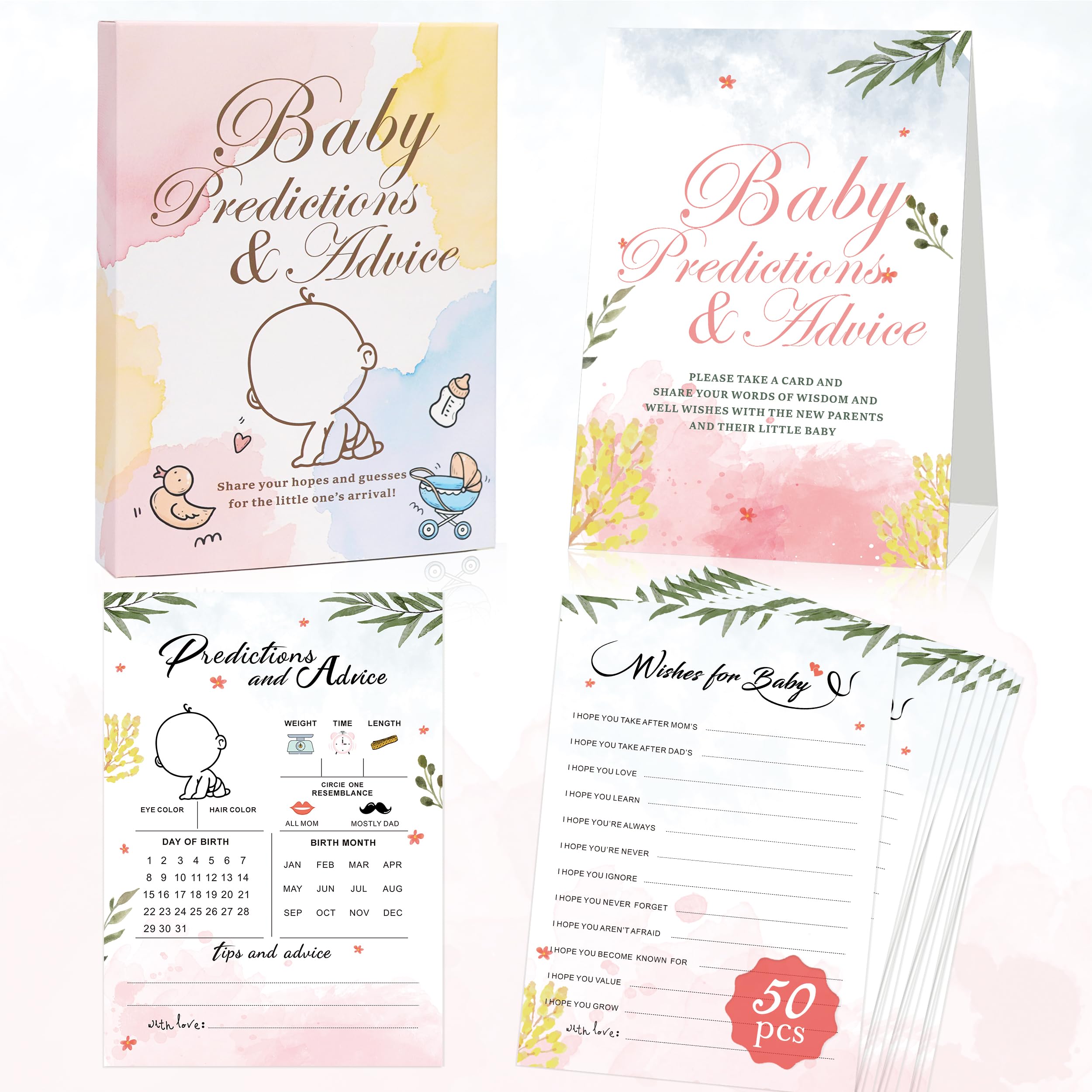 Predictions & Advice Cards for Shower Games, 50 Pcs Party Prediction Cards, Display Stand, Advice and Wishes for New Parents to Be, Boys Girls Gender Reveal Games for Guests, Style-001