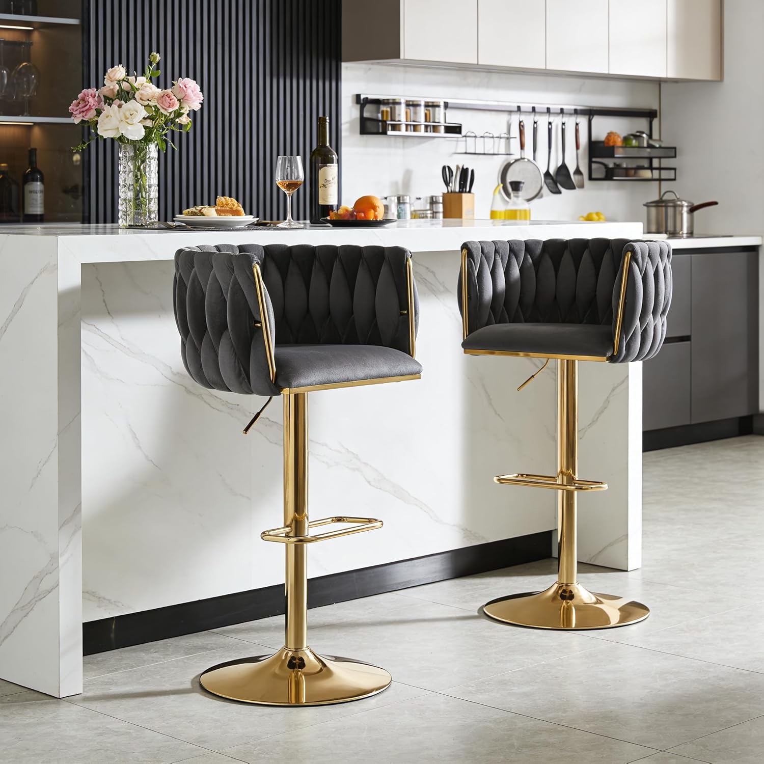 Velvet Swivel Bar Stools Set of 2, Counter Height Bar Stool with Woven Back, Gold Kitchen Bar Stools for Kitchen Island, Cafe, Pub, Bar Counter (Grey)