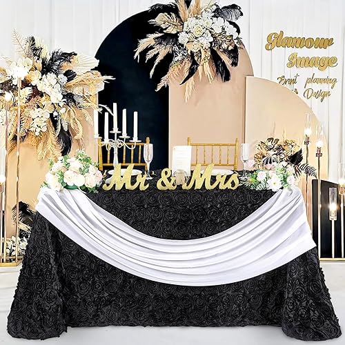 Miniatura 5 de QueenDream Mantel rectangular negro de 90 x 132 pulgadas con rosetón para decoración de mesa de recepción de boda