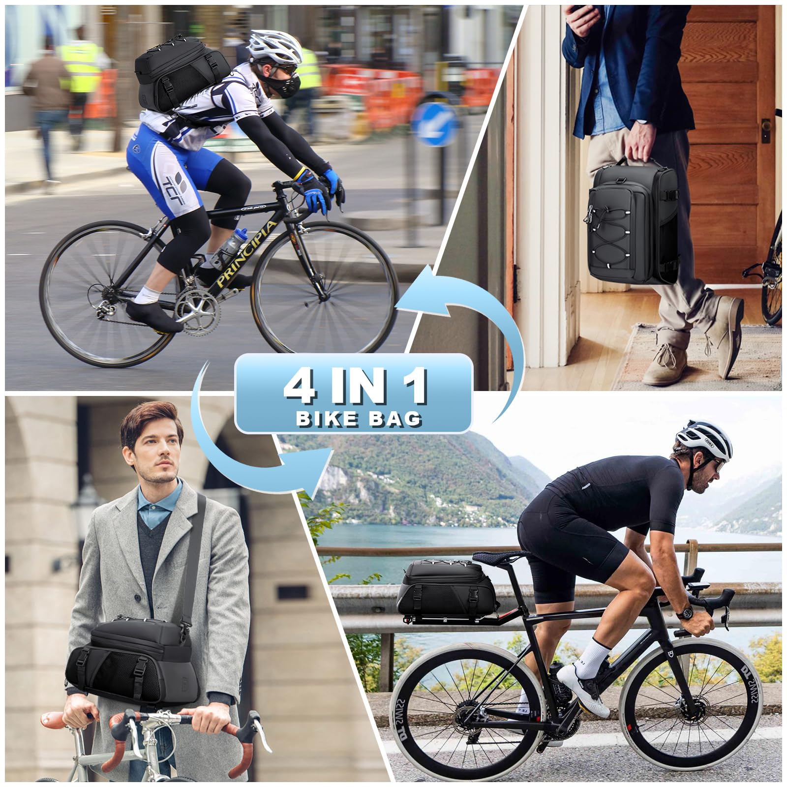 RAINSMORE 3 en 1 Alforjas Bicicleta 15L Bolsa Trasera con Cubierta de Lluvia y Bandolera, Impermeable y Reflectante, como Maleta Bicicleta,Bolso Bandolera