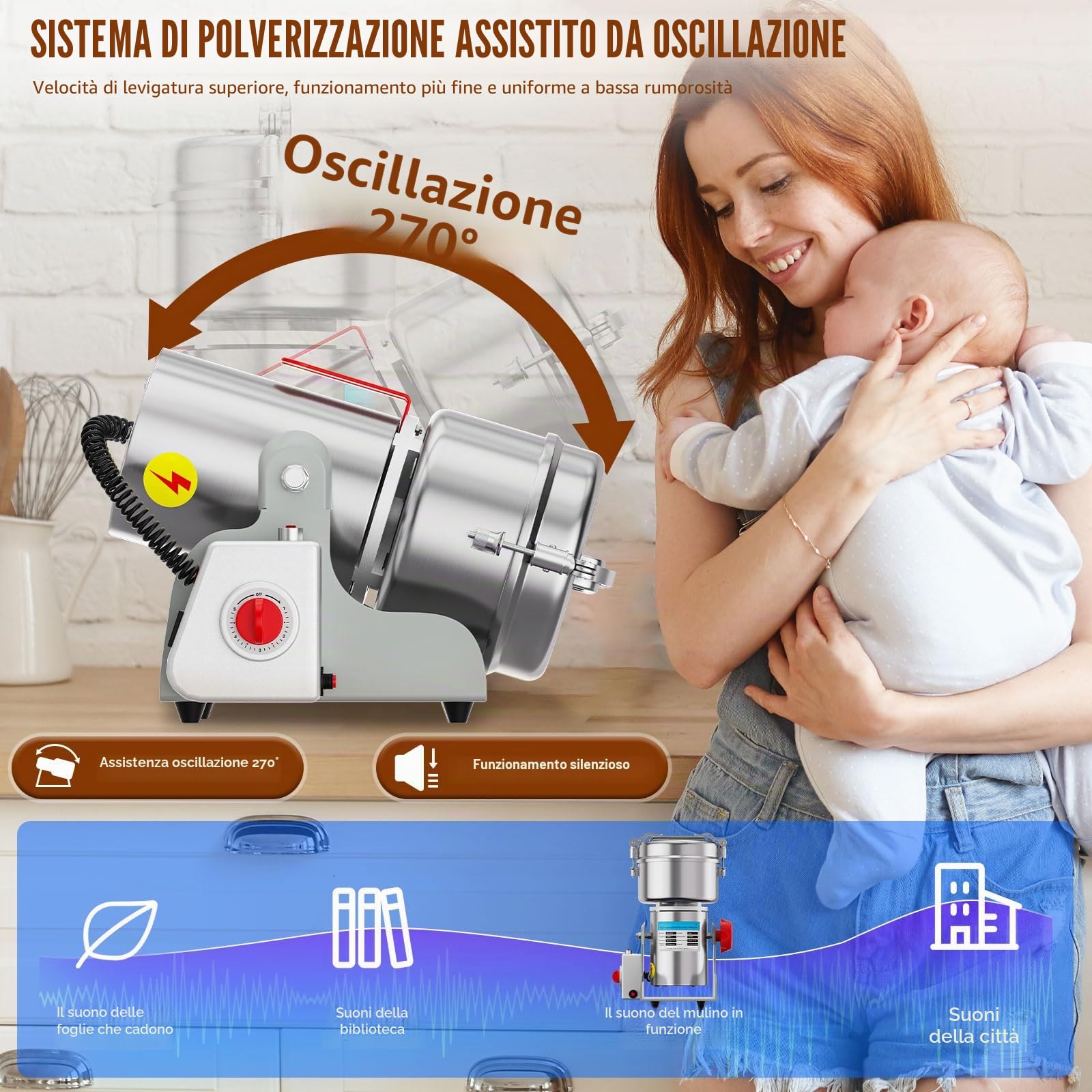 Mulino elettrico per grano da 1000 g, frantoio per grano 3000 W ad alta velocità, macchina per polvere commerciale con protezione da sovraccarico per cereali secchi, riso, chicchi di mais