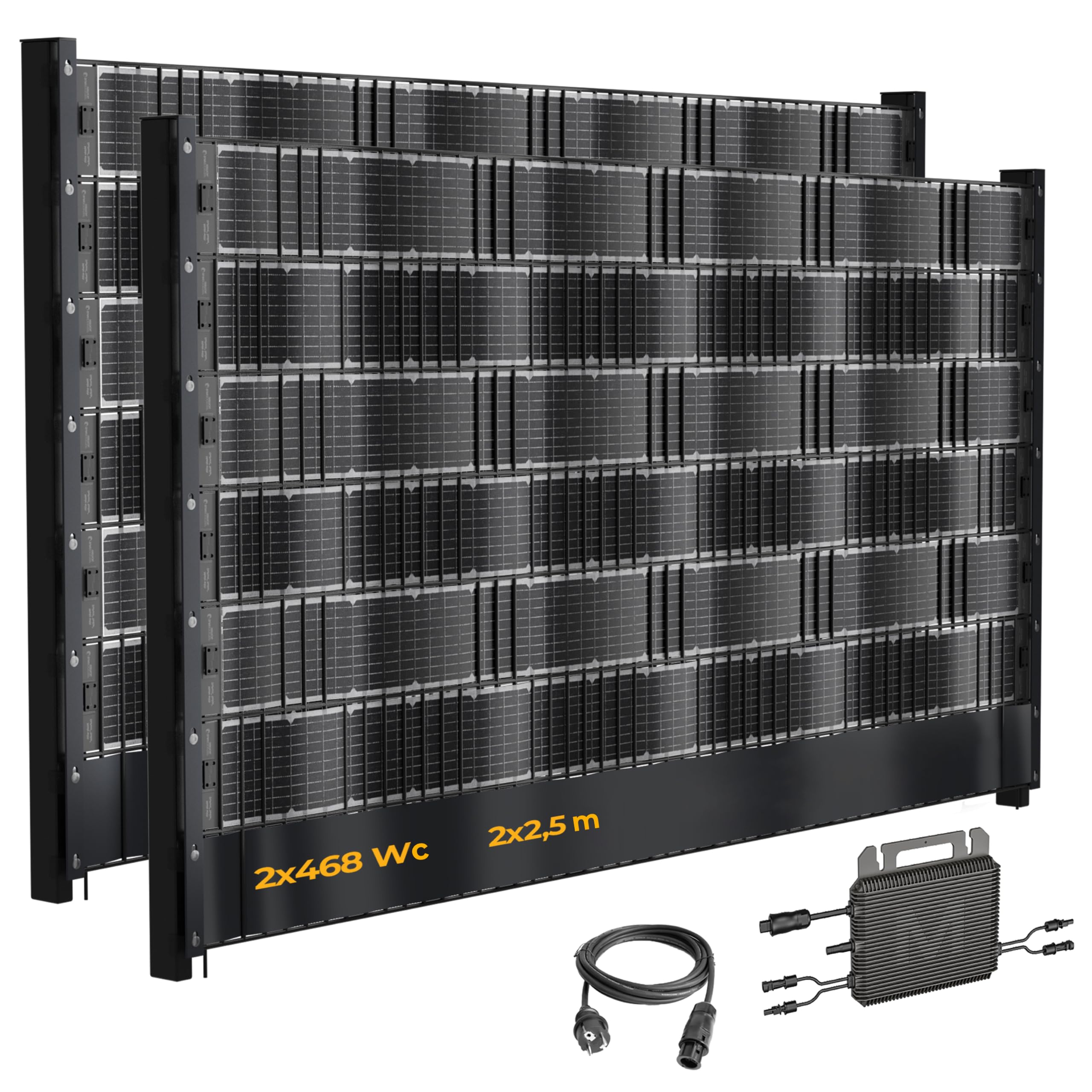 VERTICAL+ Système photovoltaïque 5 m – Bandes brise-vue photovoltaïques bifaciales pour clôtures à double fil, 936 Wc, kit complet avec onduleur et câble Schuko 10m - Prêt à brancher