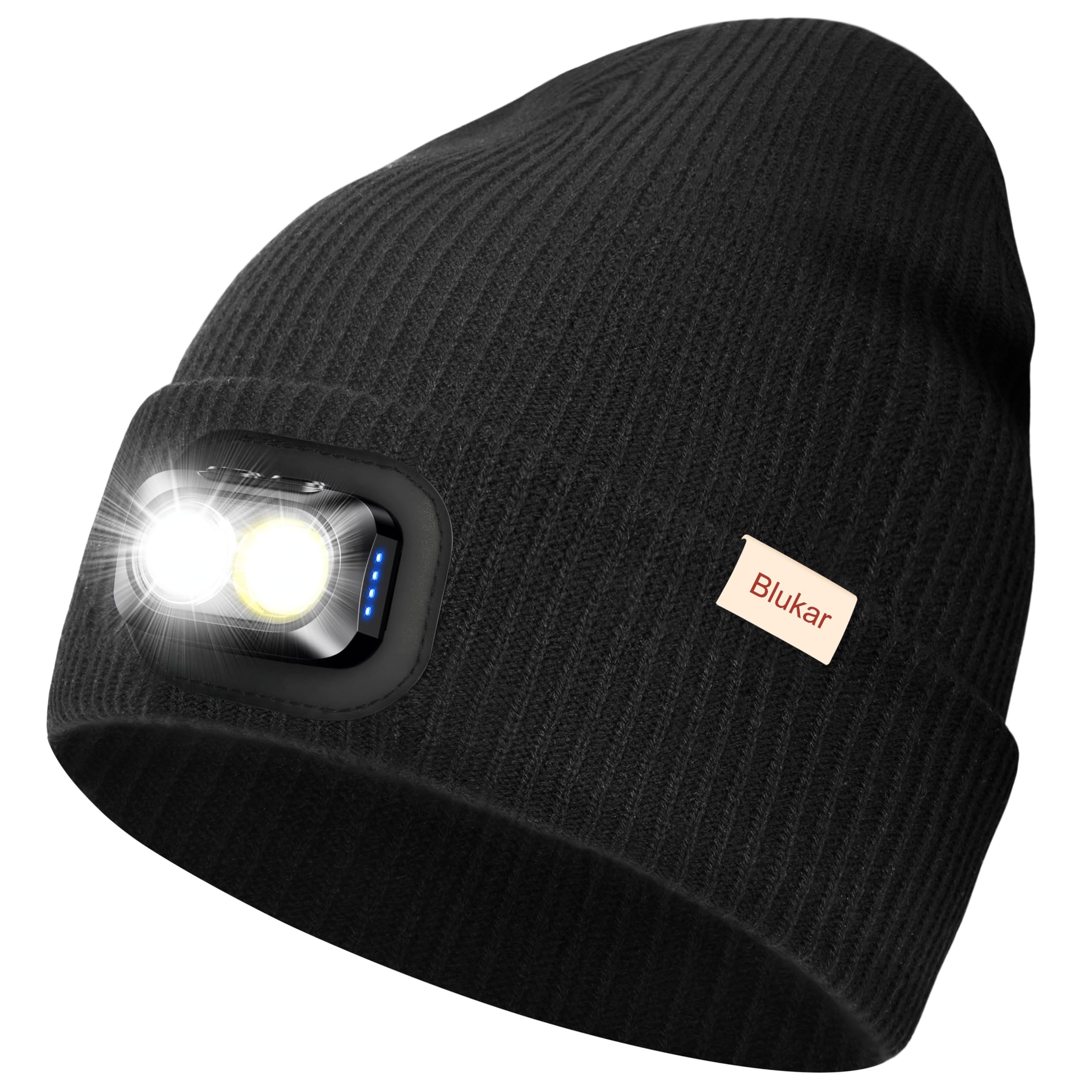 Blukar LED Beanie Beleuchtete Mütze mit Licht, 2 in 1 Extrem Helle Laufmütze mit Lampe, 5 Lichtmodi, Wiederaufladbar, Winter Warme Stirnlampe Geschenke für Damen Herren, inkl. Stirnband, Dunkelgrau
