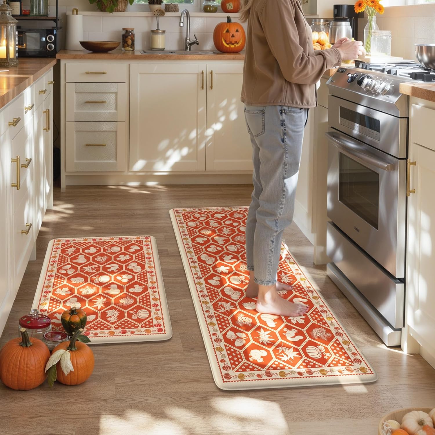KIMODE Anti Fatigue Kitchen Mats for Floor, Fall Decor Moroccan Kitchen Rugs, Cushioned Kitchen Floor Mats Non Slip, Autumn Halloween Standing Mat for Laundry Office Sink Desk Orange 17"x47"+17"x29"