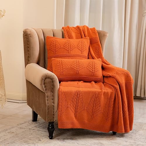 Miniatura 7 de Amélie Home Fundas de almohada decorativas de otoño con patrón de hojas, funda de cojín cálida de punto para sofá, cama, 18 x 18 pulgadas, hojas de