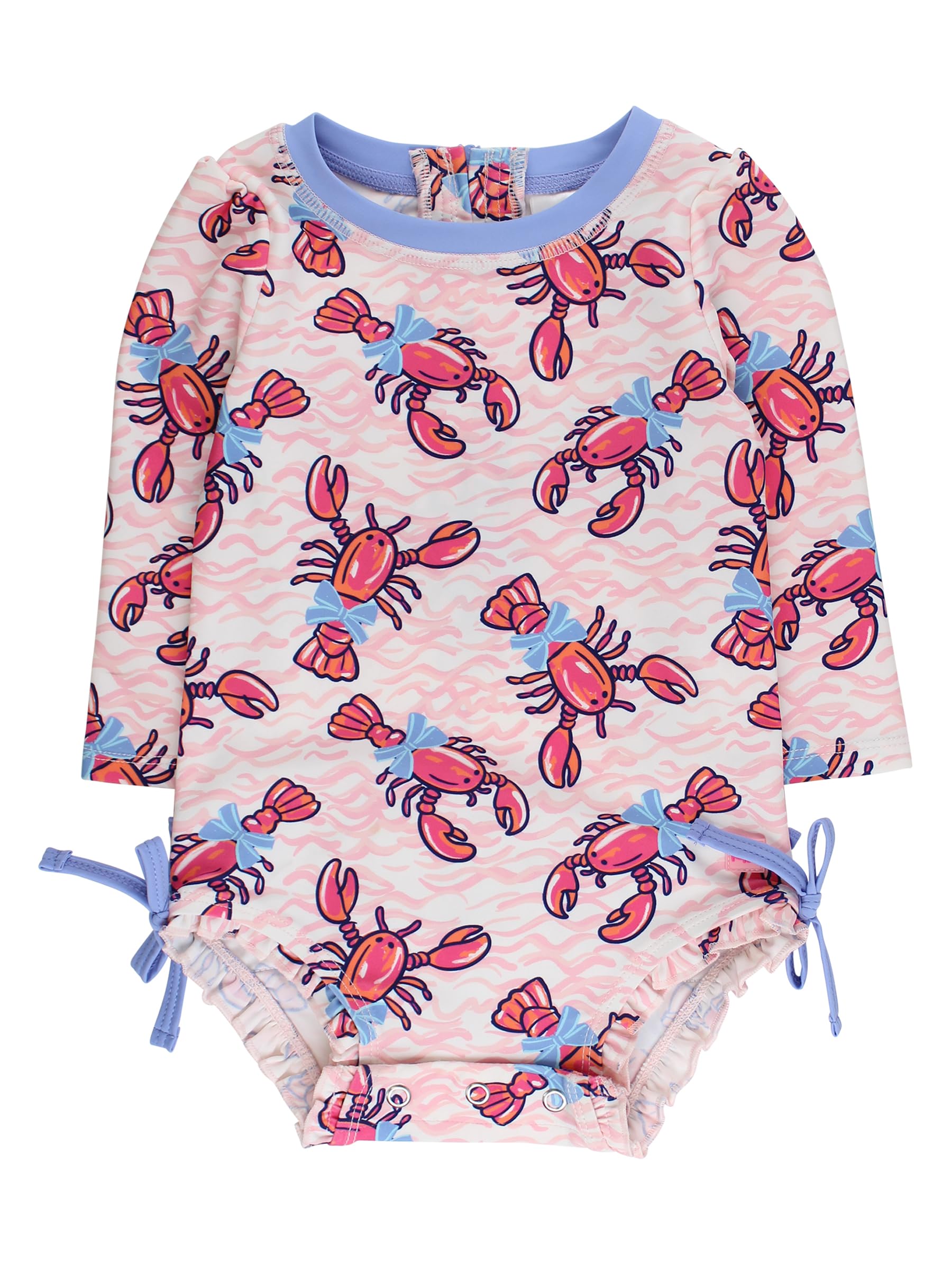 RuffleButts Baby Girls Novelty Baby One Piece - Rash Guard Swimsuit UPF 50+ | Premium Quality, 4-way Stretch, Snap + Zipper Closure, Long Sleeves, Hand Wash, UPF 50+ Sun Protection