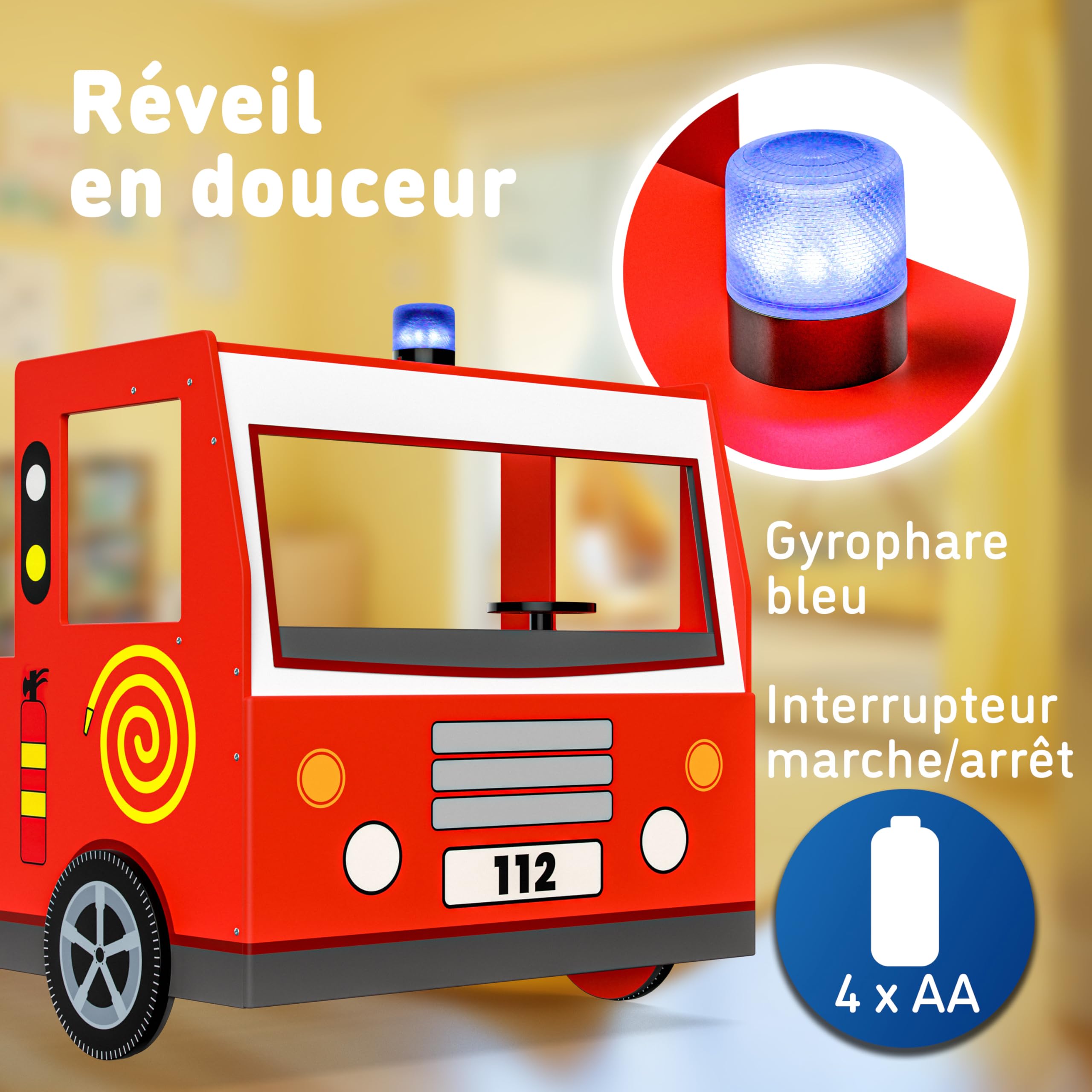 Casaria® Lit Enfant Camion de Pompier 90x200 cm Rouge - Lit Voiture avec Sommier à Lattes Inclus, Barrières Anti-Chute, Gyrophare Lumineux & Volant - Lit Garçon Bois MDF