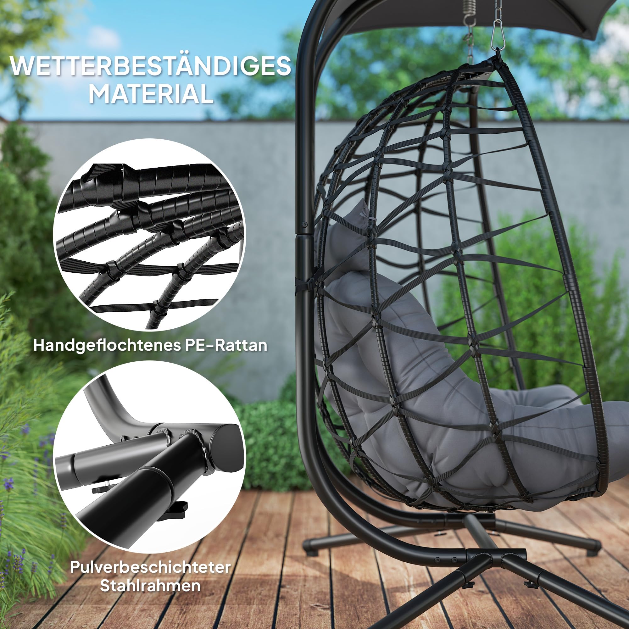 Outsunny Hängesessel mit Gestell faltbar für 2 Personen 260kg Dunkelgrau | Hängekorb mit Kissen, Sonnenschutzdach, Polyrattan Hängestuhl, Outdoor Hängeschaukel, Sessel für Balkon Terrasse