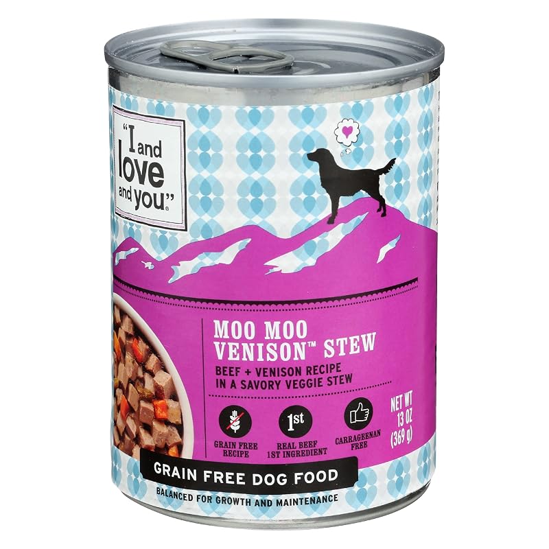 Petisco úmido para cães I AND LOVE AND YOU Moo Moo Venison Stew com carne de veado, 369 g