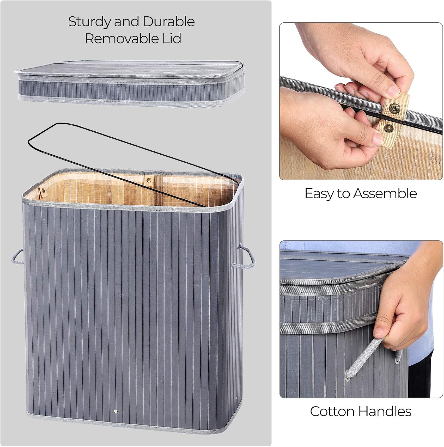 SONGMICS Double Laundry Hamper with Lid, Divided Laundry Basket with Handles, Bamboo Hamper with Liner for Laundry Room, Bedroom, 100L, Gray ULCB064G02