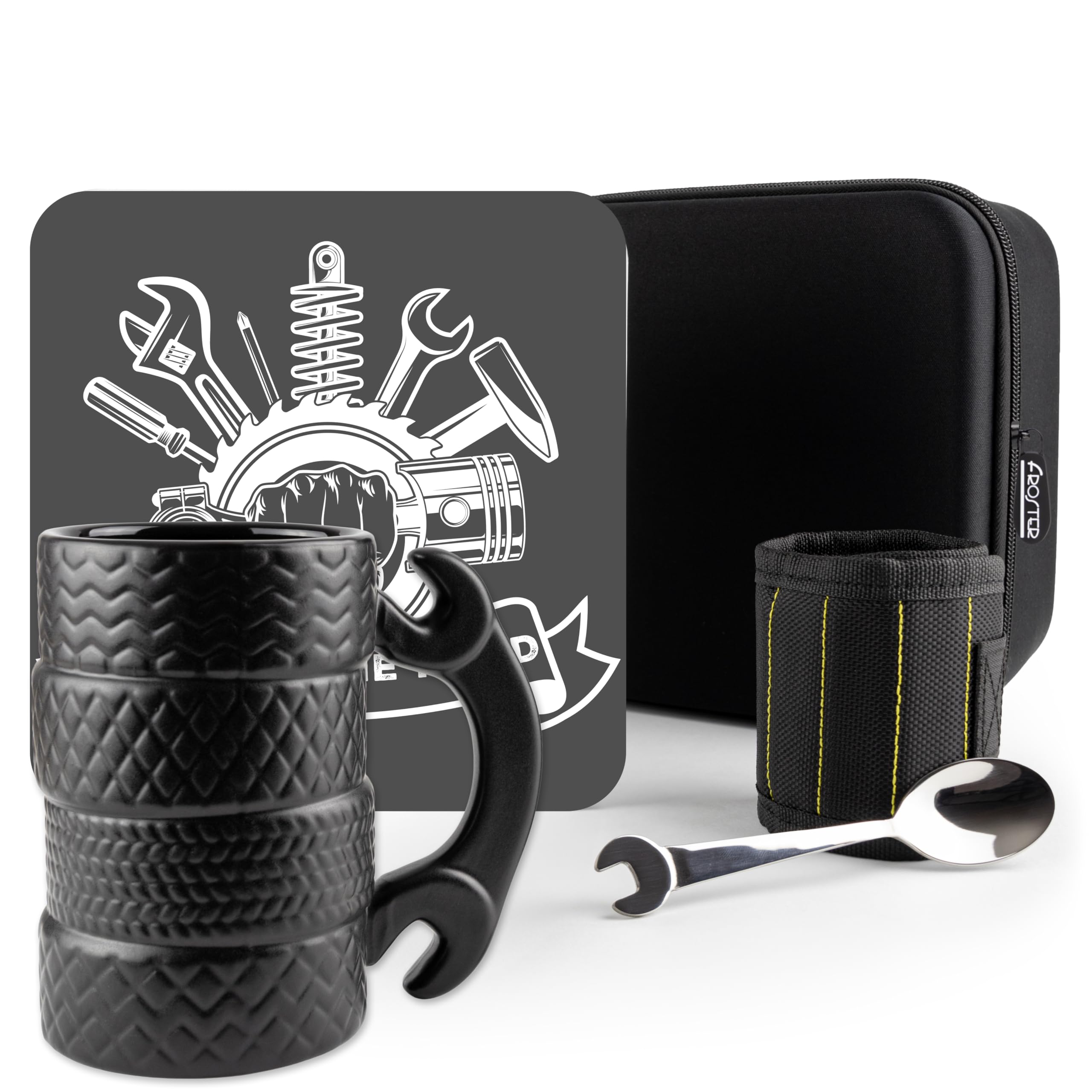 Froster Set Regalo per Appassionato di Motori, Regalo per Meccanico, 3D Tazza Pneumatici, Bracciale Magnetico da Lavoro, Cucchiaino