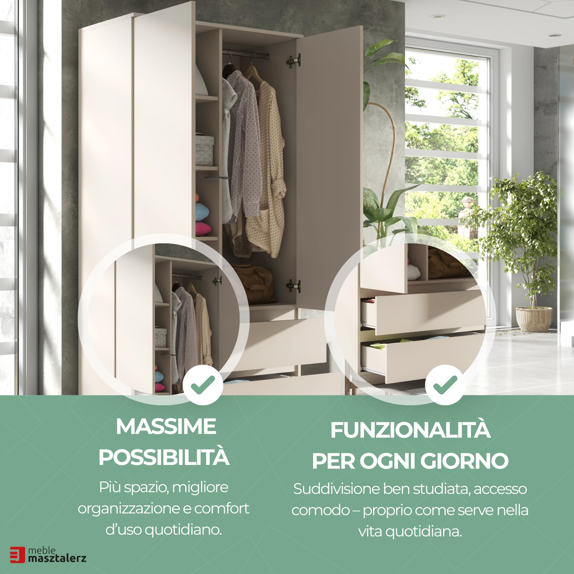 meble masztalerz Armadio Camera da Letto con 2 Cassetti Larghezza 90 cm - Mobile Camera da Letto - Armad Camera Letto Moderni - Guardaroba Armadio - Bianco - 180x90x50cm