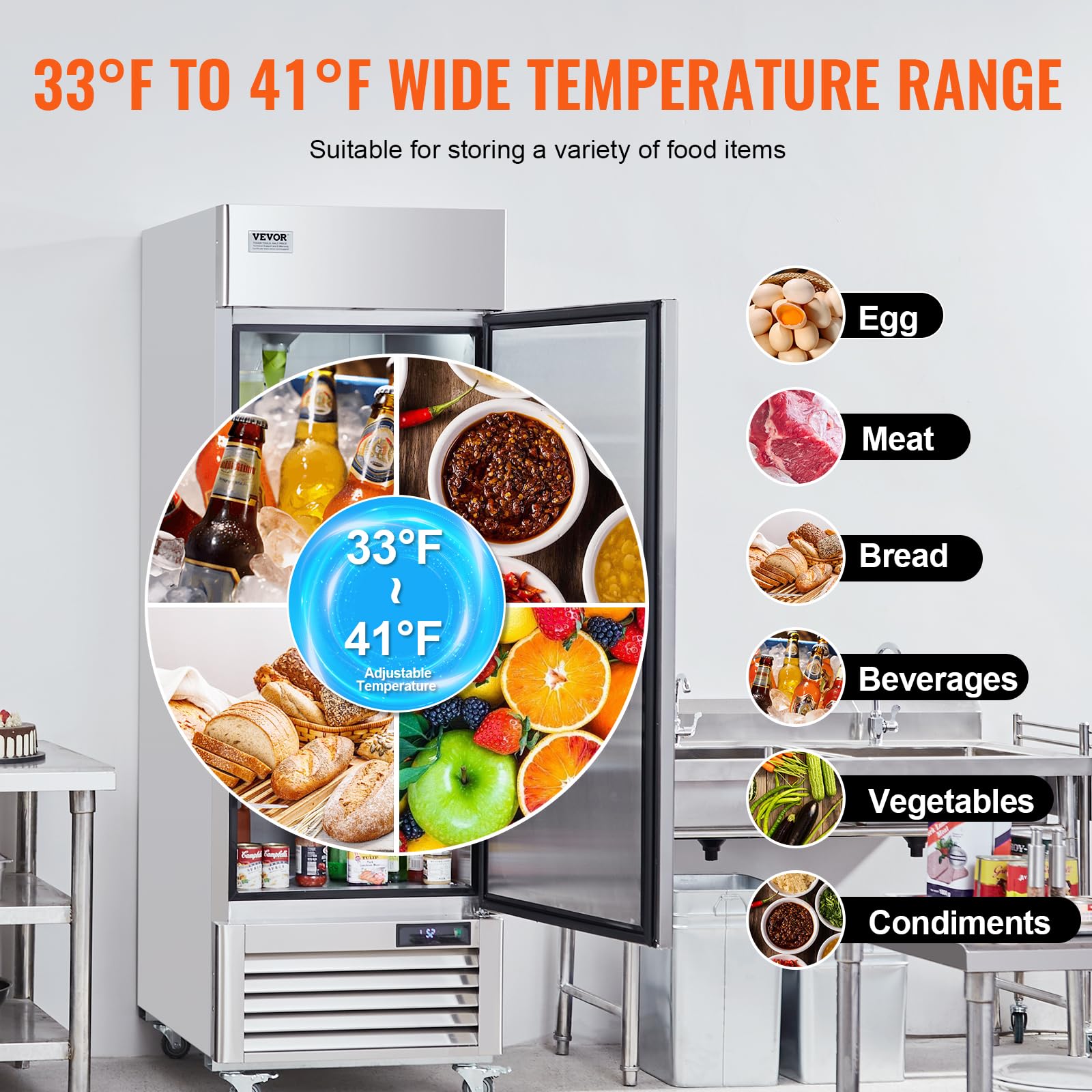 VEVOR Refrigerador Comercial de 570 L, Refrigerador Vertical de Una Sola Puerta, Refrigerador de Acero Inoxidable con Descongelación Automática con 3 Estantes, -2~+8 °C, 4 Ruedas, 730 x 850 x 2110 mm
