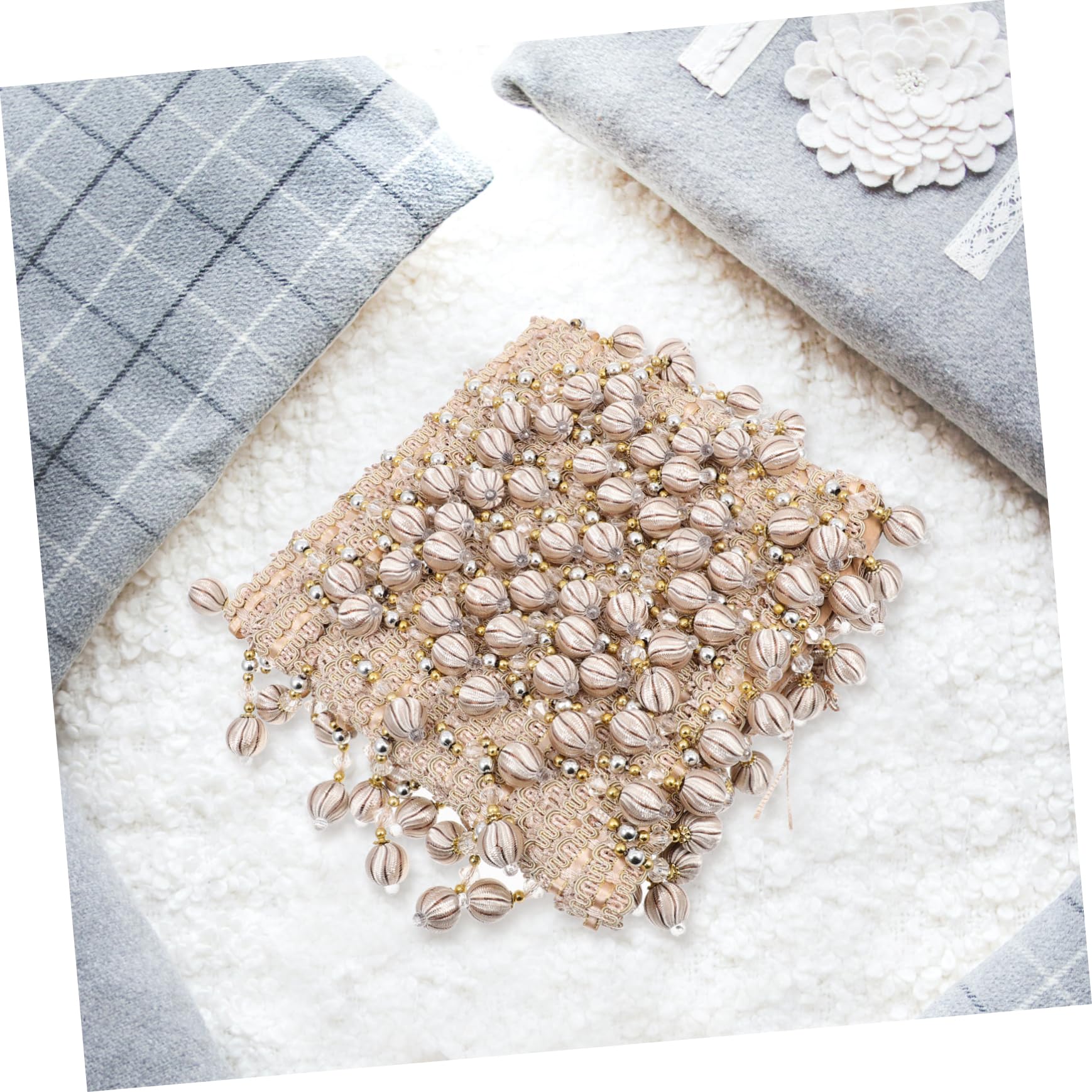 Frangia Perline Beige in Poliestere 12 Metri, Rifinitura Decorativa Per Tende e Divani, Accessorio Artigianale Per Sartoria e Arredamento Casa