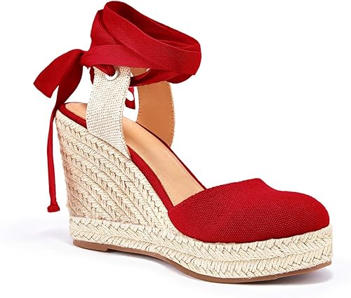 Miniatura 3 de Ermonn - Alpargatas con tacón de cuña de plataforma para mujer, zapatos de verano de punta cerrada, con correa en el tobillo y con cordones
