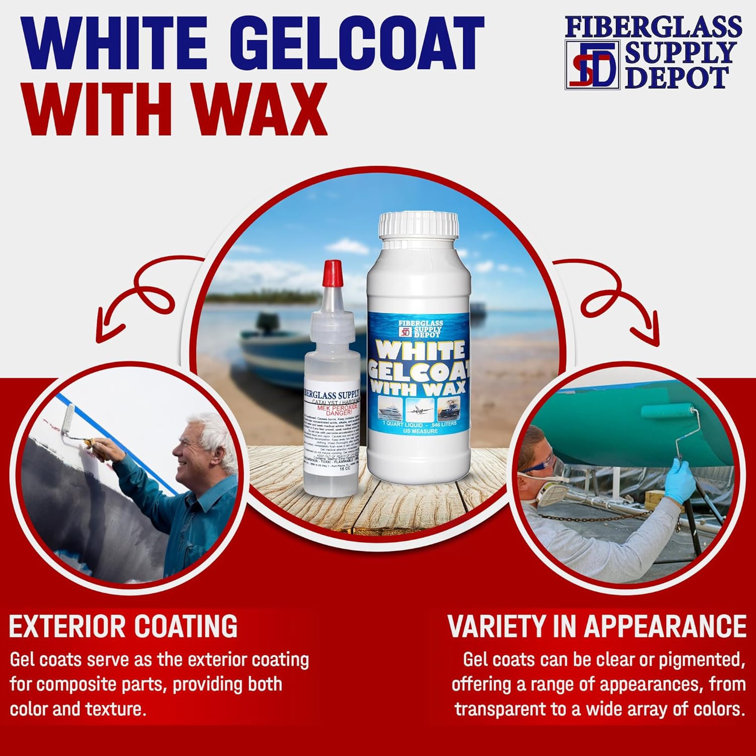 Fiberglass Supply Depot White Gelcoat with Wax – UV-Resistant Marine Gelcoat for Interior & Exterior Use – Quart Kit with 15cc MEKP Hardener