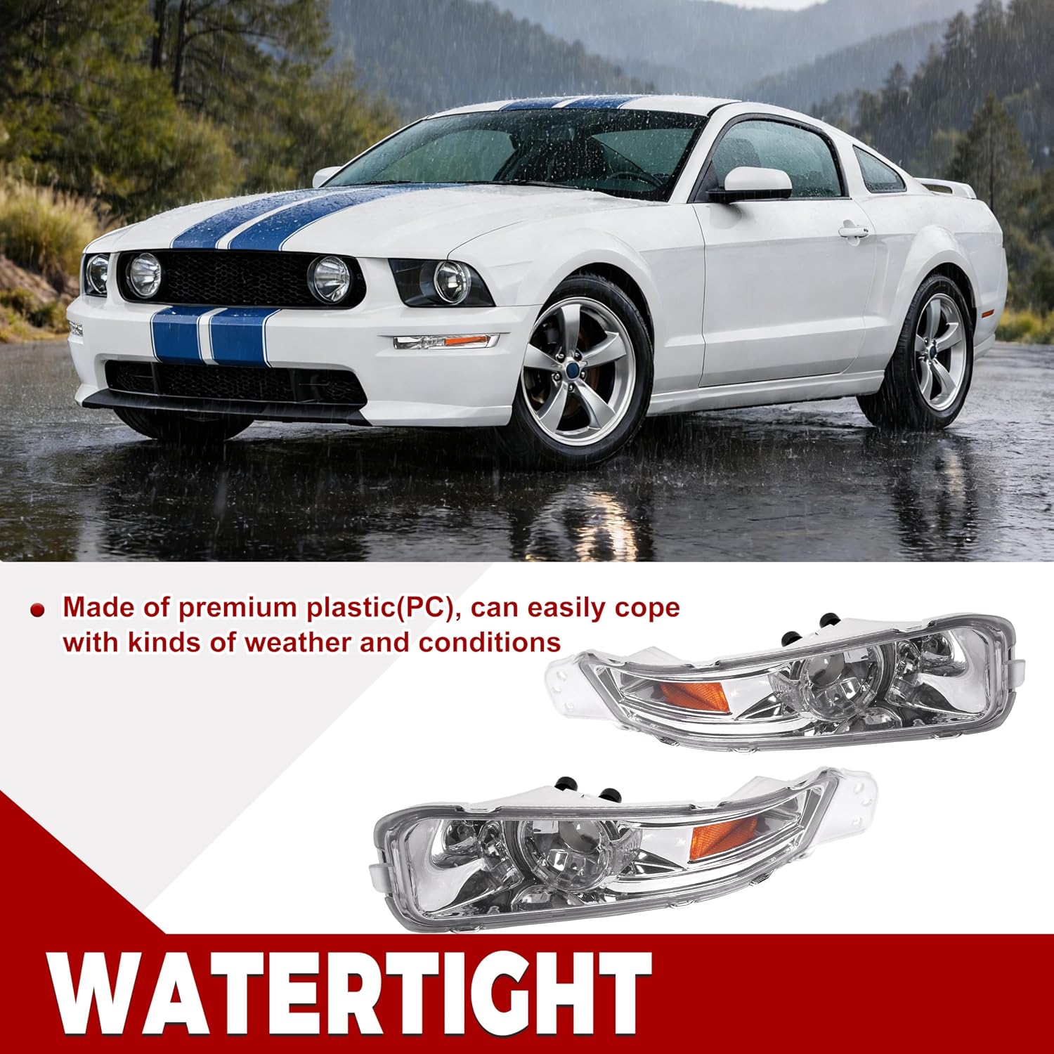 HECASA Pair Turn Signal Lights Compatible with 2005-2009 Ford Mustang Replacement for FO2521180 FO2520180 Front Bumper Lights Side Marker Lamps Plastic Left & Right Side Clear Lens Chrome Housing