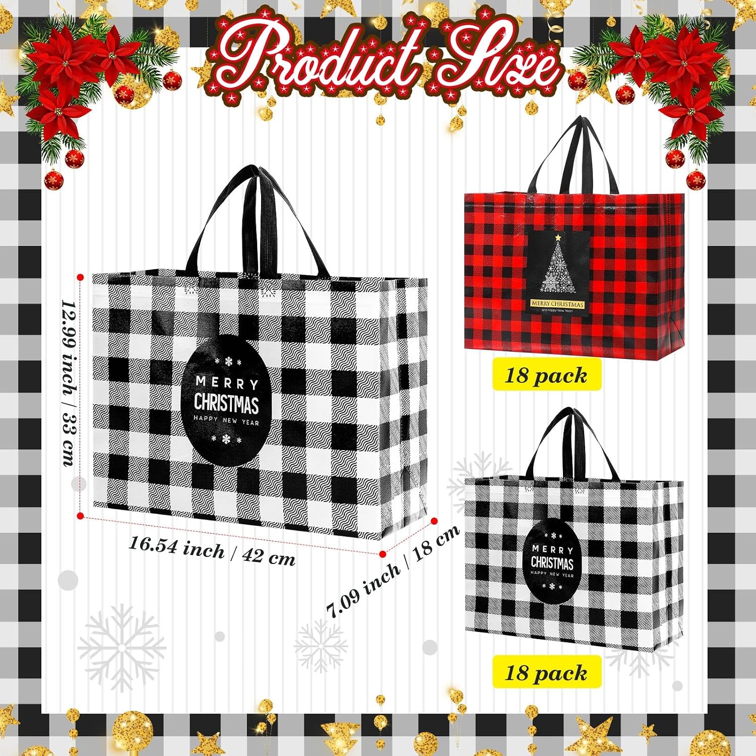Colarr 36 Pcs Extra Large Christmas Tote Bags with Handle Xmas Gift Bag Red Black Buffalo Plaid Waterproof Reusable Bag