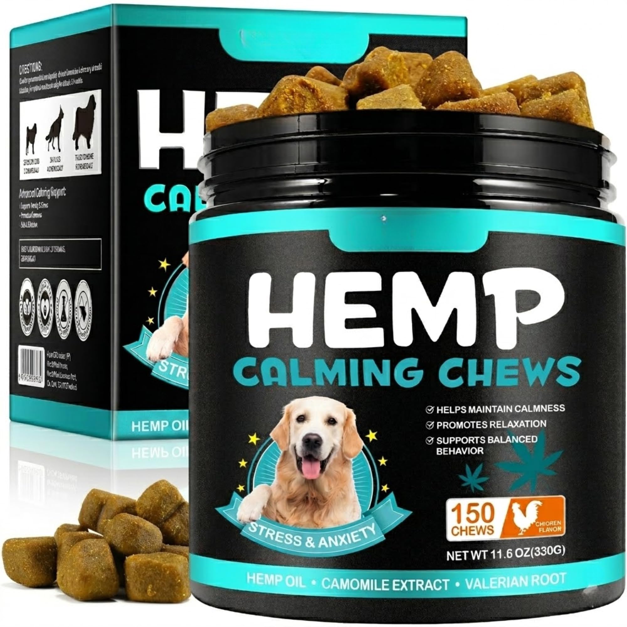 Hemp Calming Chews for Dogs (Chicken Flavour) – Anxiety Relief Soft Treats with Valerian Chamomile L-Theanine, Stress & Relaxation Support for Dogs All Breeds, 150 Chews