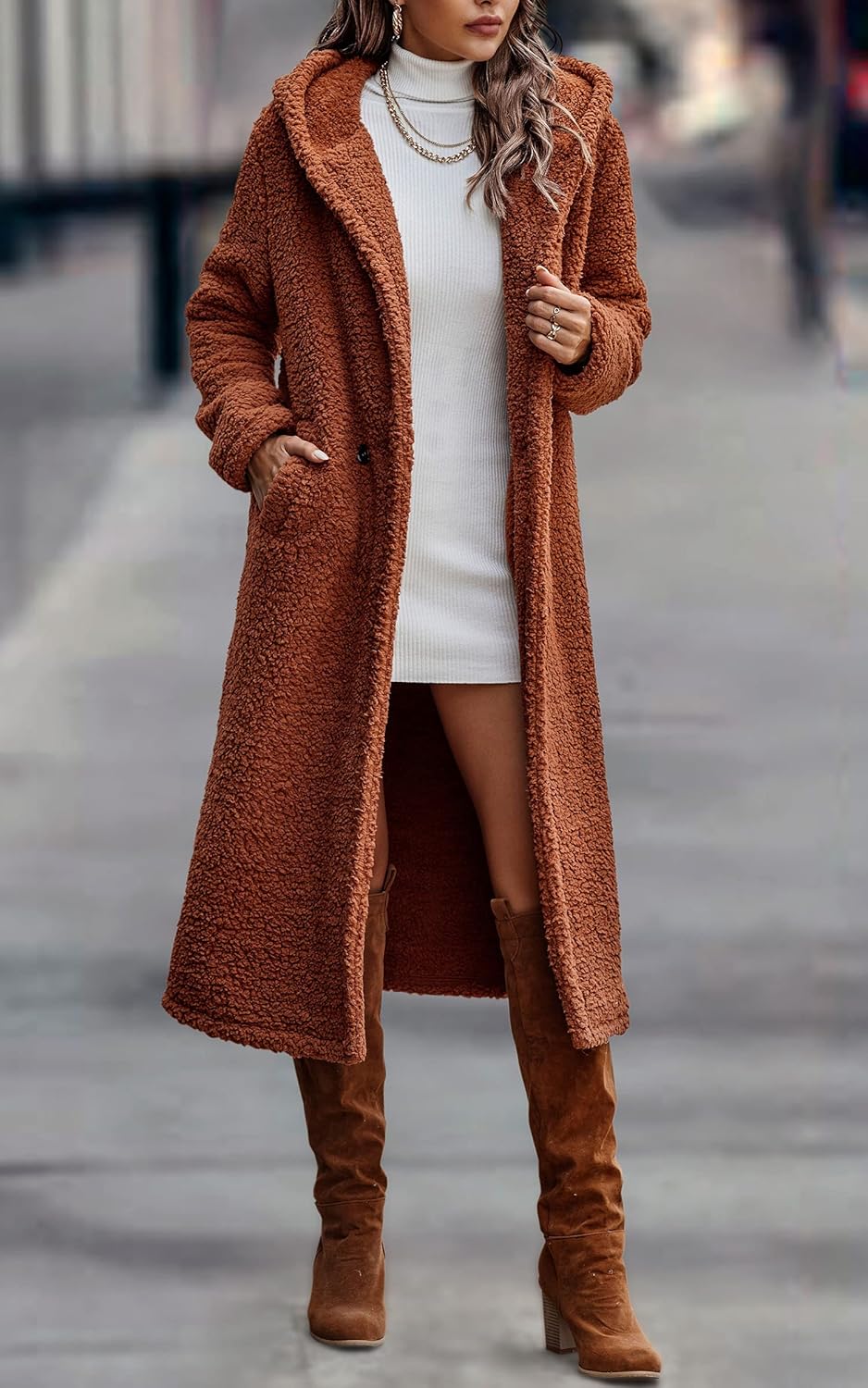 Angashion Women's Fuzzy Fleece Lapel Open Front Long Cardigan Coat Faux Fur Warm Winter Outwear Jackets - Image 4