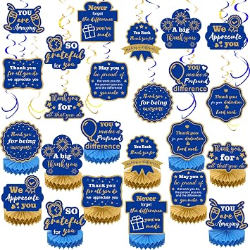36Pcs Employee We Appreciate You Decoration Thank You Table Honeycomb Centerpiece and Hanging Swirl for Employee Staff Teacher Labor Day Appreciation Party Decor SuppliesBlue Gold,Classic