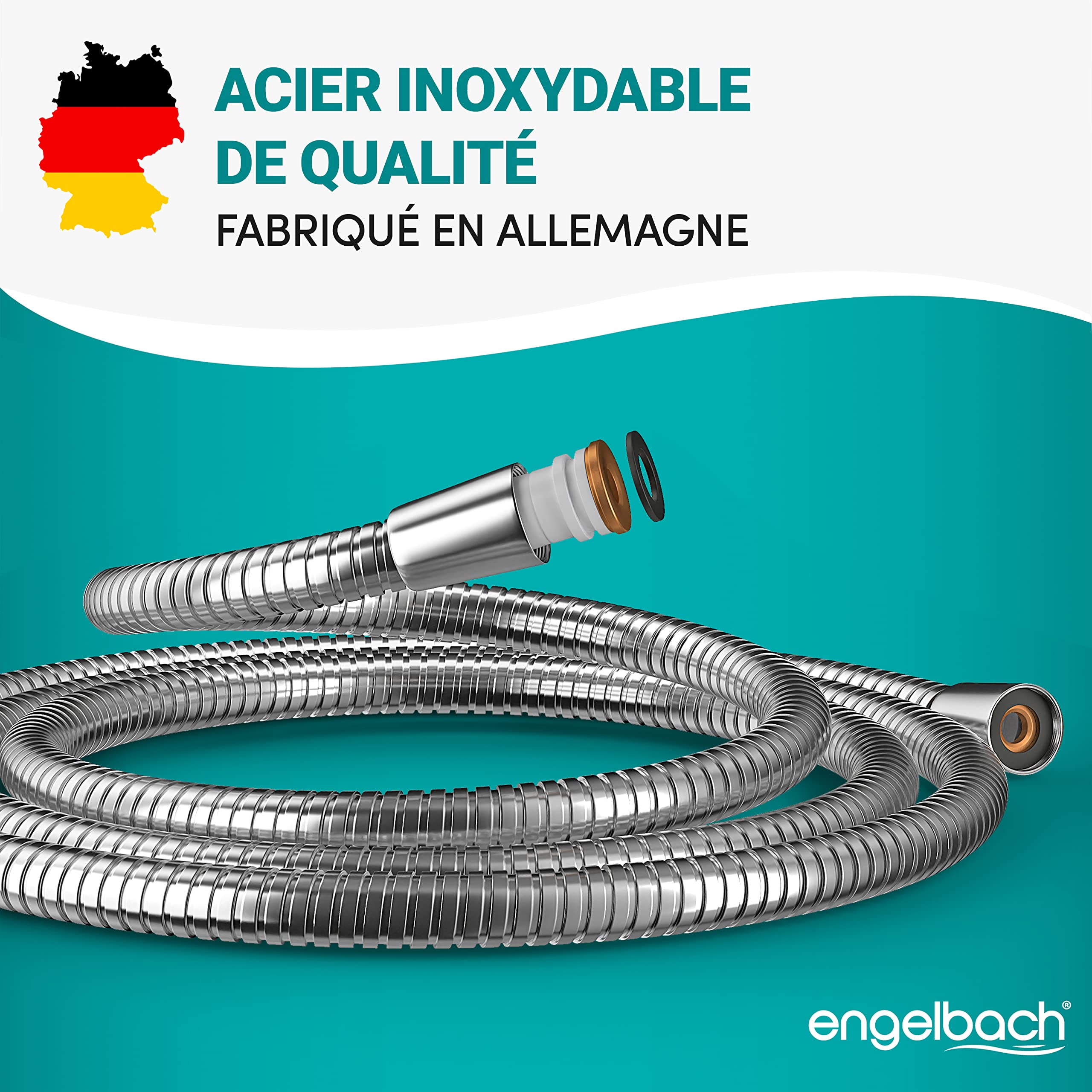 Engelbach® Tuyau douche 2m - Flexible Acier Inoxydable Double Protection Anti-Torsion - Résistant aux Plis, Raccord Universel ½” - Fabriqué en Allemagne
