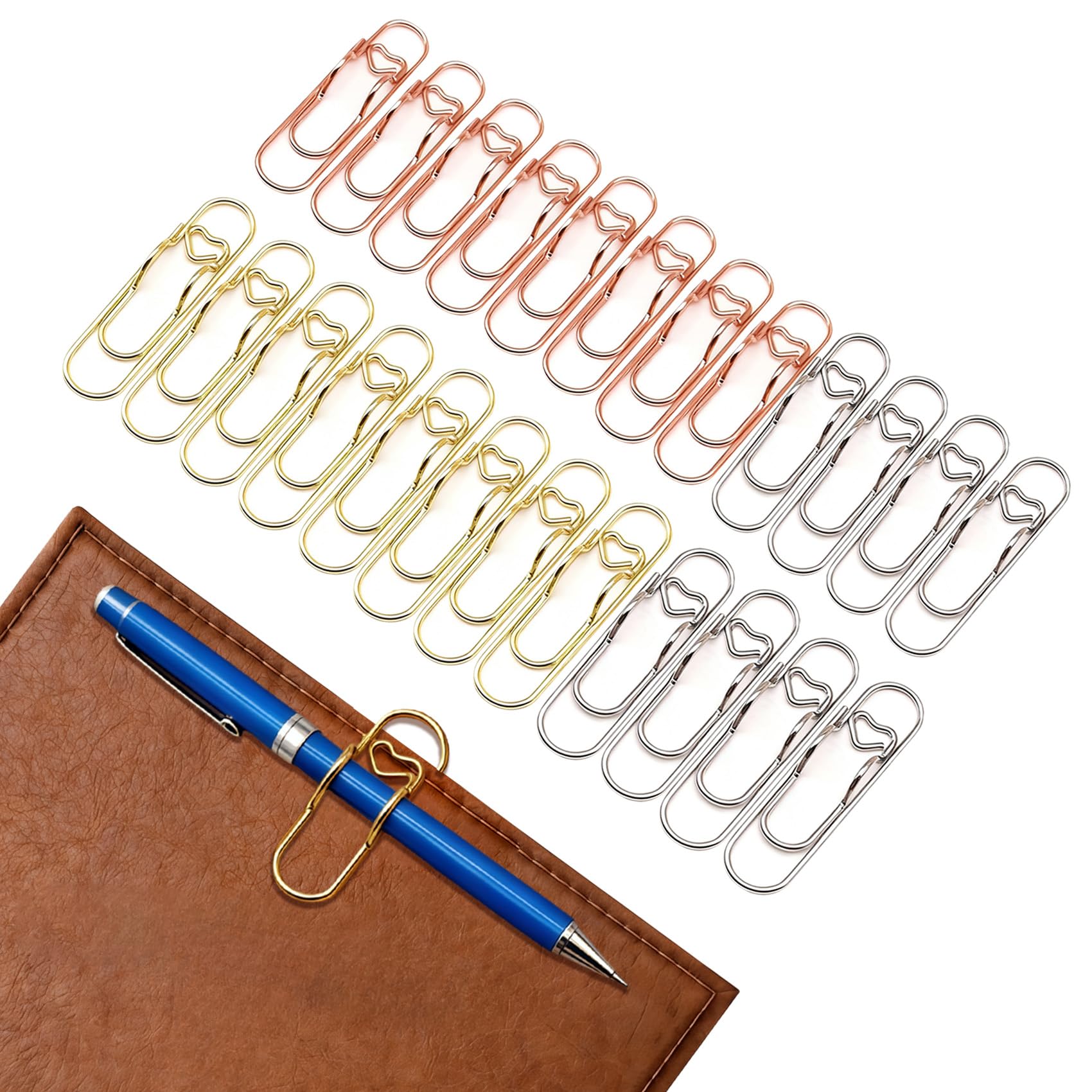 CllyCnny Pen Holder for Notebook: 24 Pcs Metal Pen Clips Heart Paper Clip Pencil Loop Holders for Journal Planner Jumbo Office School Supplies Gold/