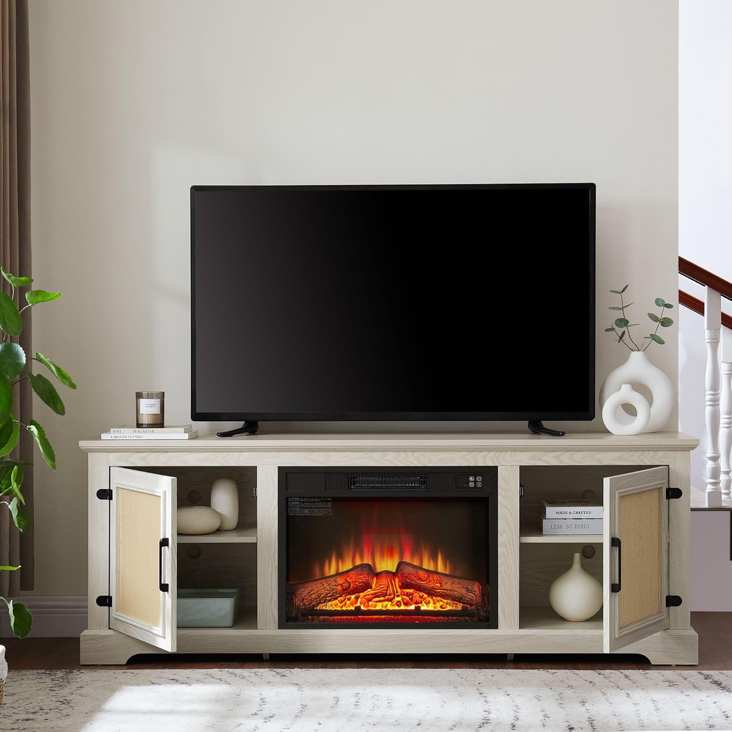 65" W Fireplace TV Stand with Rattan Doors, 23'' Fireplace Insert, Entertainment Center with Adjuatable Shelves, Wooden TV Console Table for TVs up to 75 Inch, Rack for Living Room (White)