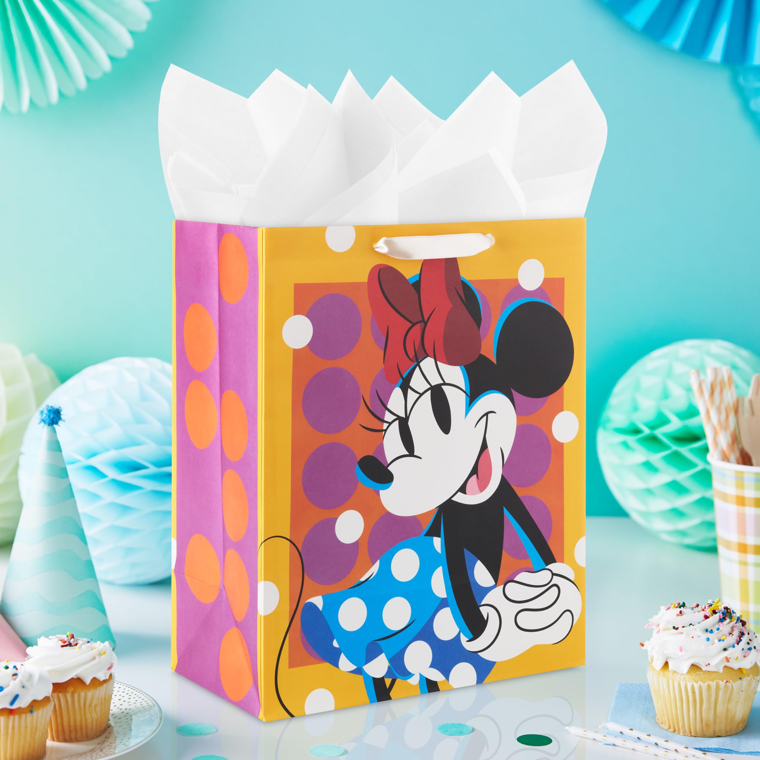 Birthday Hallmark Disney 13" Large Gift Bag with Tissue Paper (Minnie Mouse, Yellow and Orange with Pink Polka Dots), Kids, Adults, Fans