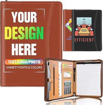 Personalised Leather Padfolio with Zipper Custom Business Padfolio Binder with Logo/Text/Photo Customised Professional Portfolio Folder for Men Women, Personalised GiftsBrown