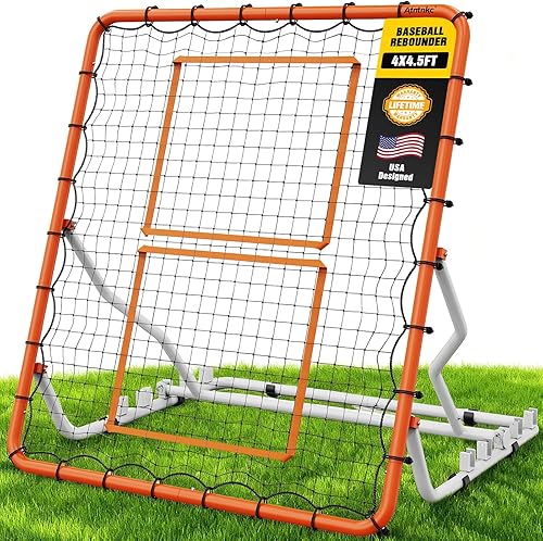 Baseball Rebounder Net 4x4.5FT with 5 Adjustable Angles,Pro Pitch Back Trainer for VolleyballSoftballSoccer, Solo Practice for Ground, Line Drive &