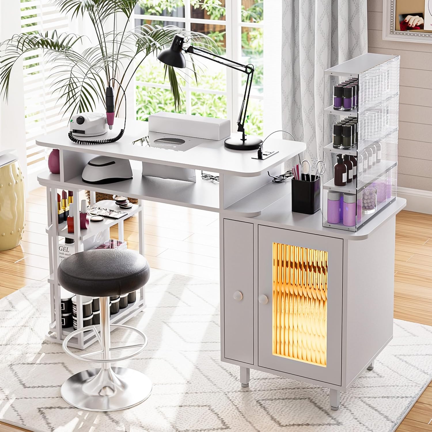 Manicure Table with LED Light, Nail Desk Nail Tech Table w/Dust Collector & Charging Station, Nail Station w/Removable Acrylic Storage Shelf, Drawers & Glass Door Cabinet, White