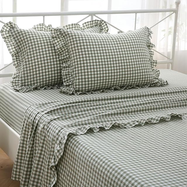 Sage Green White Plaid Ruffle Gingham Sheets Queen Size 4-Piece Set, 300TC 100% Yarn Dyed Cotton Sheets 18 in Deep Pocket Decorative Bedding (Sage Green/White Plaid, Queen)