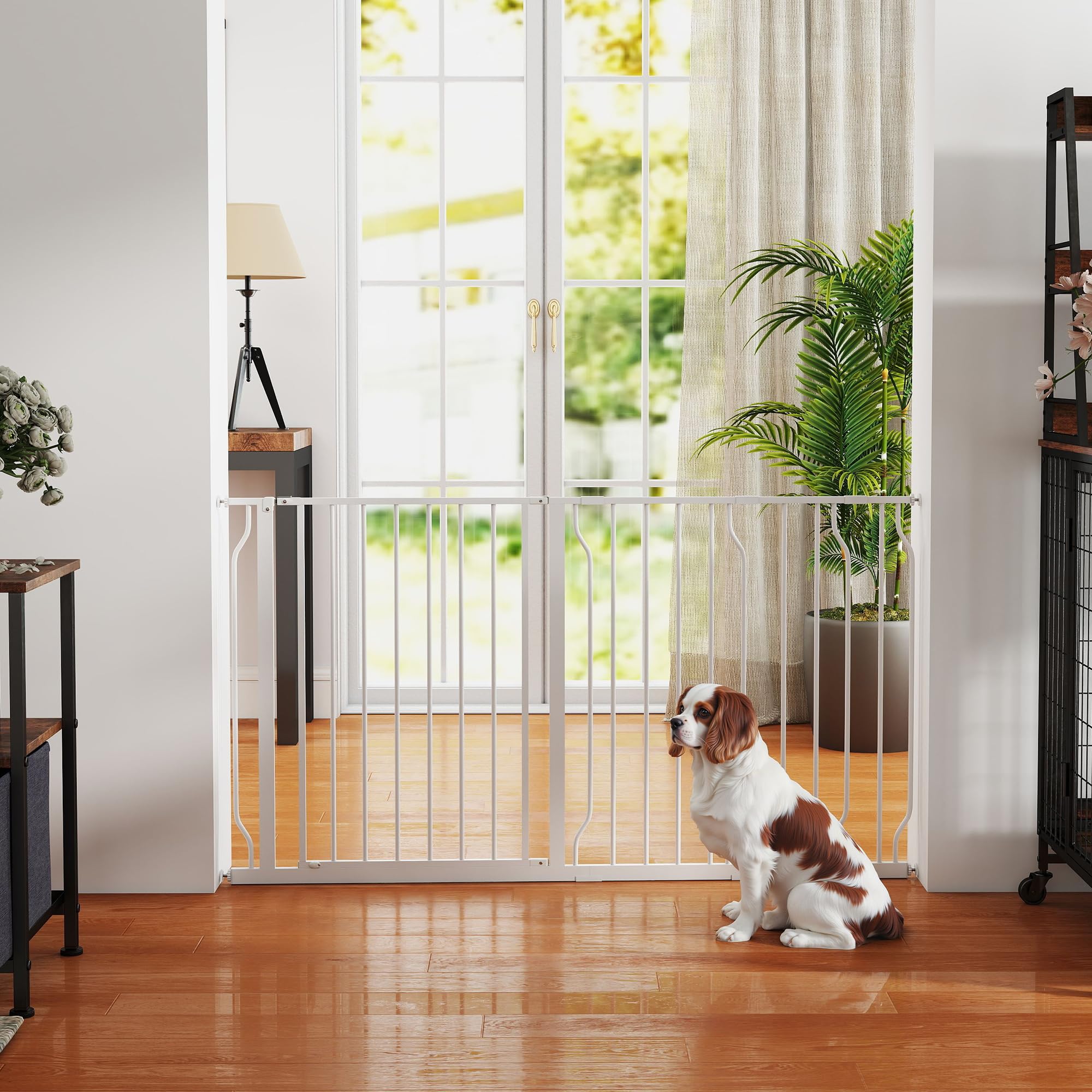 PawHut Barrera de Seguridad para Perros Extensible 75-145 cm para Puertas y Escaleras Puerta de Seguridad Apertura en Dos Sentidos y Solo una Mano Extensiones Montaje a Presión y Doble Bloqueo Blanco