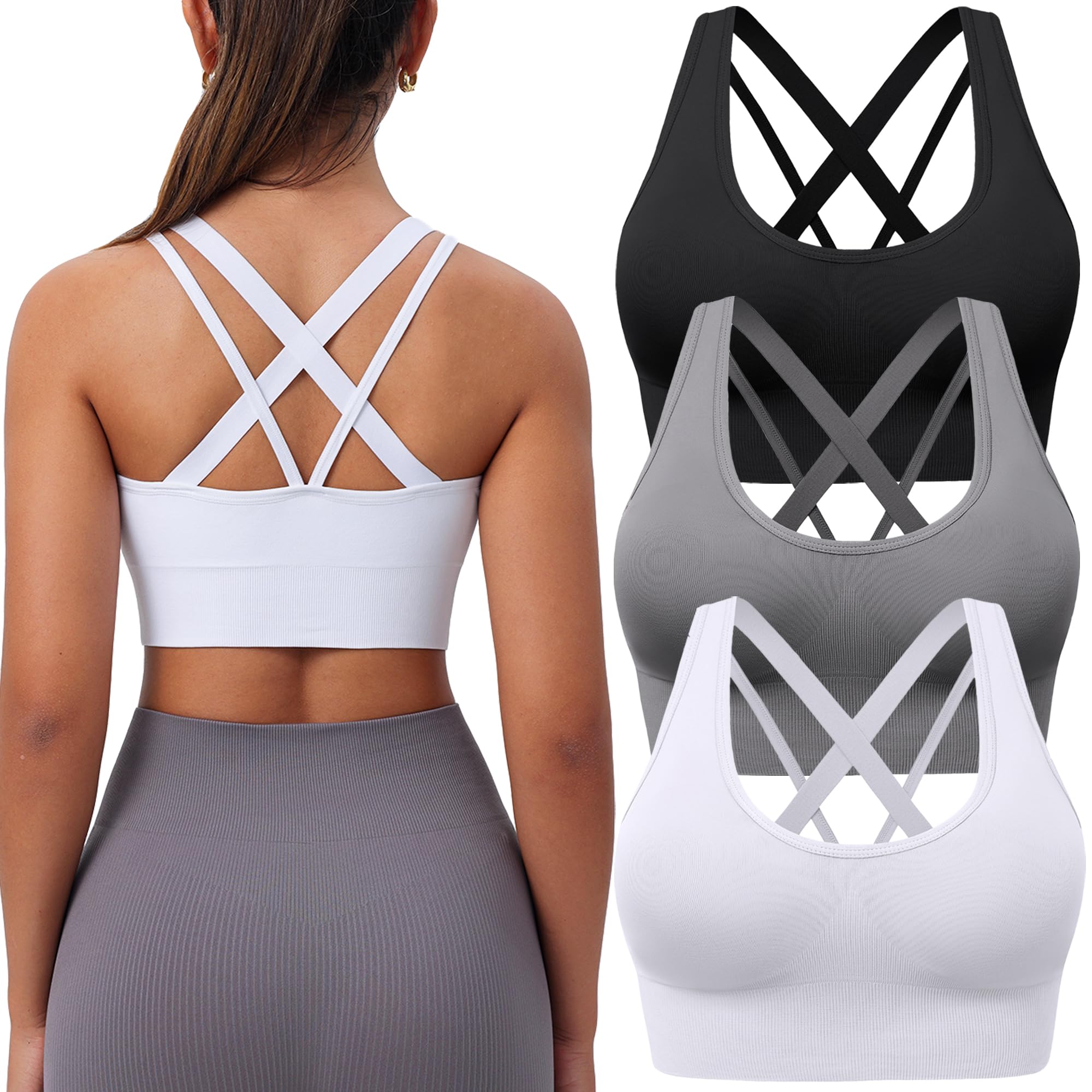 BLUELILY Sports Bra for Women Medium Support Criss Cross Strappy Bras Seamless Padded High Impact Yoga Athletic Exercise Bras