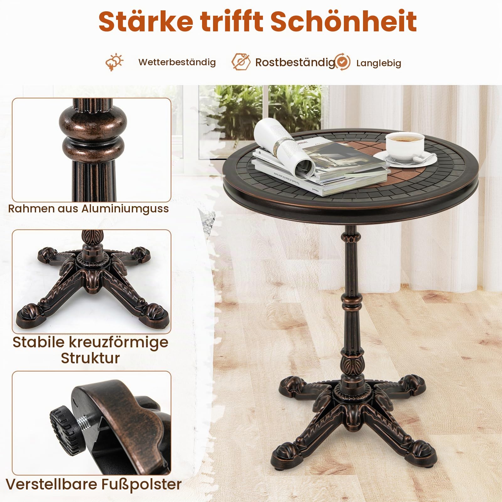 KOMFOTTEU Runder Gartentisch aus Aluminiumguss, Balkontisch mit Schiefer-Textur & Patchwork, Terrassentisch Vintage-Stil, φ60,5 x 73 cm