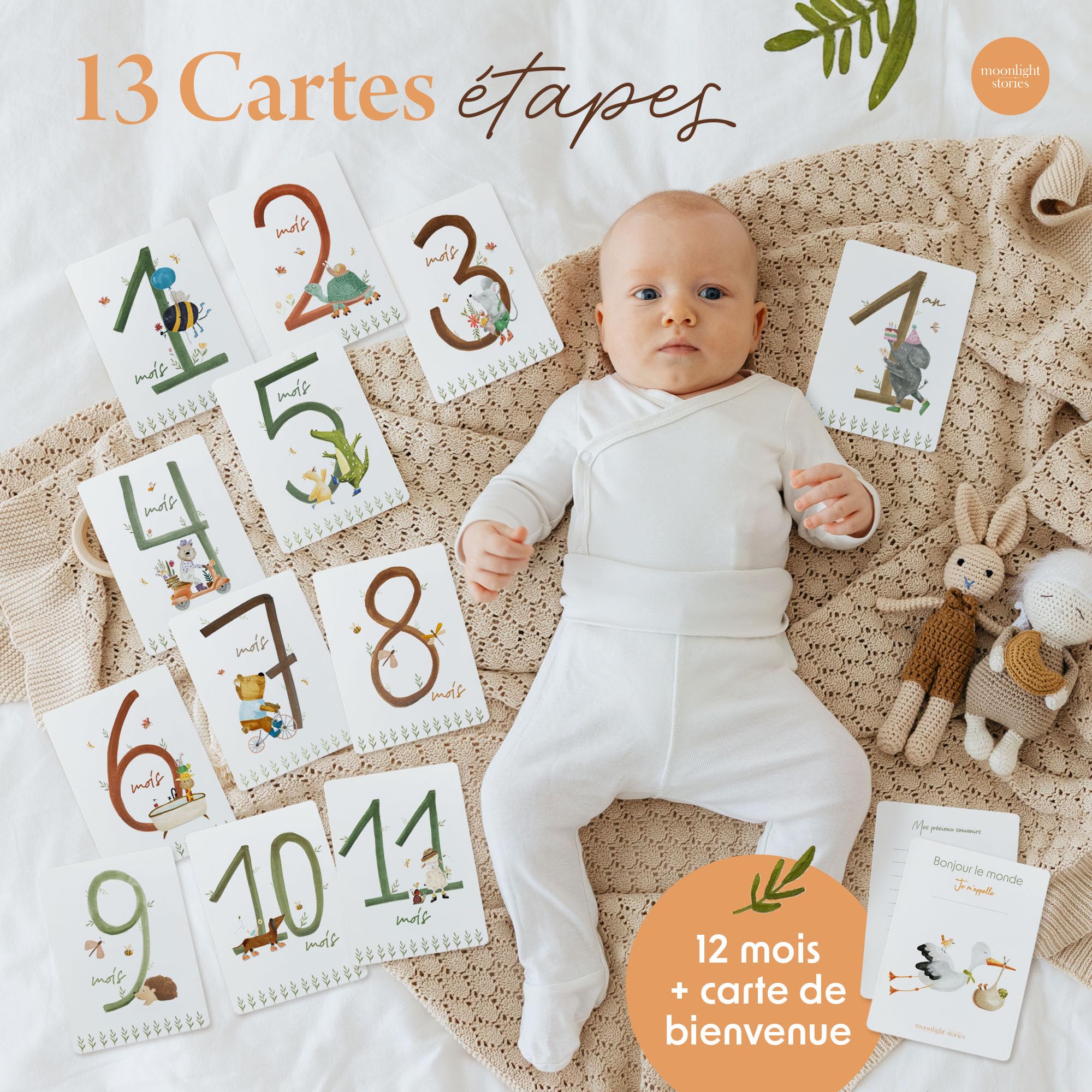 Livre de naissance bébé 0-5 ans avec 13 cartes étapes – Coffret naissance prêt à offrir, album souvenirs 120 pages, 6 pochettes souvenirs, cadeau naissance fille garçon