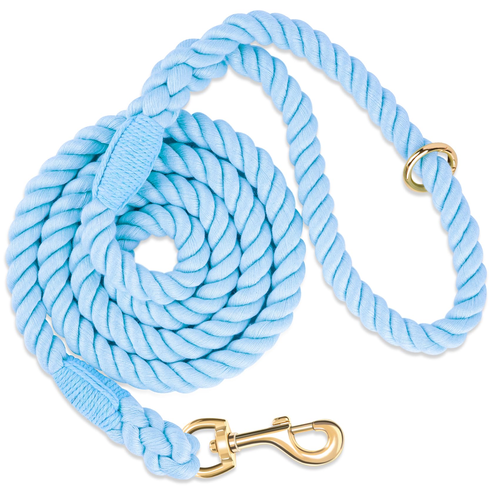 NUGUTIC Dog Leash 6 FT Handmade Braided Cotton Rope Leashes for Small Medium and Large Dogs, New Golden Heavy Duty Metal Clasp, Light Blue