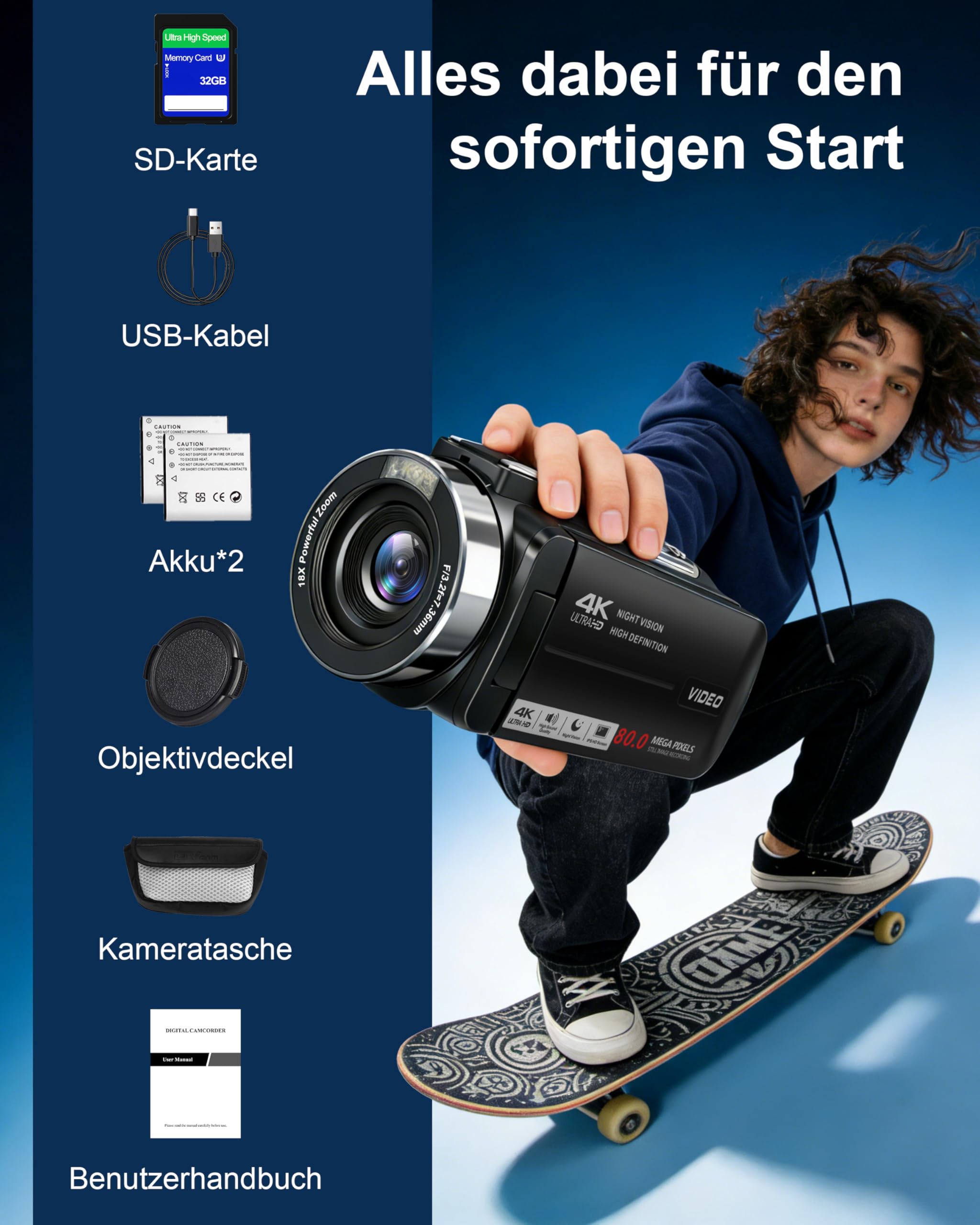 4K 80MP Camcorder mit IR Nachtsicht, 18X Digitalzoom, 3,0-Zoll IPS Screen, Vlogging Camera für YouTube mit 2 Akkus, 32GB-SD-Karte