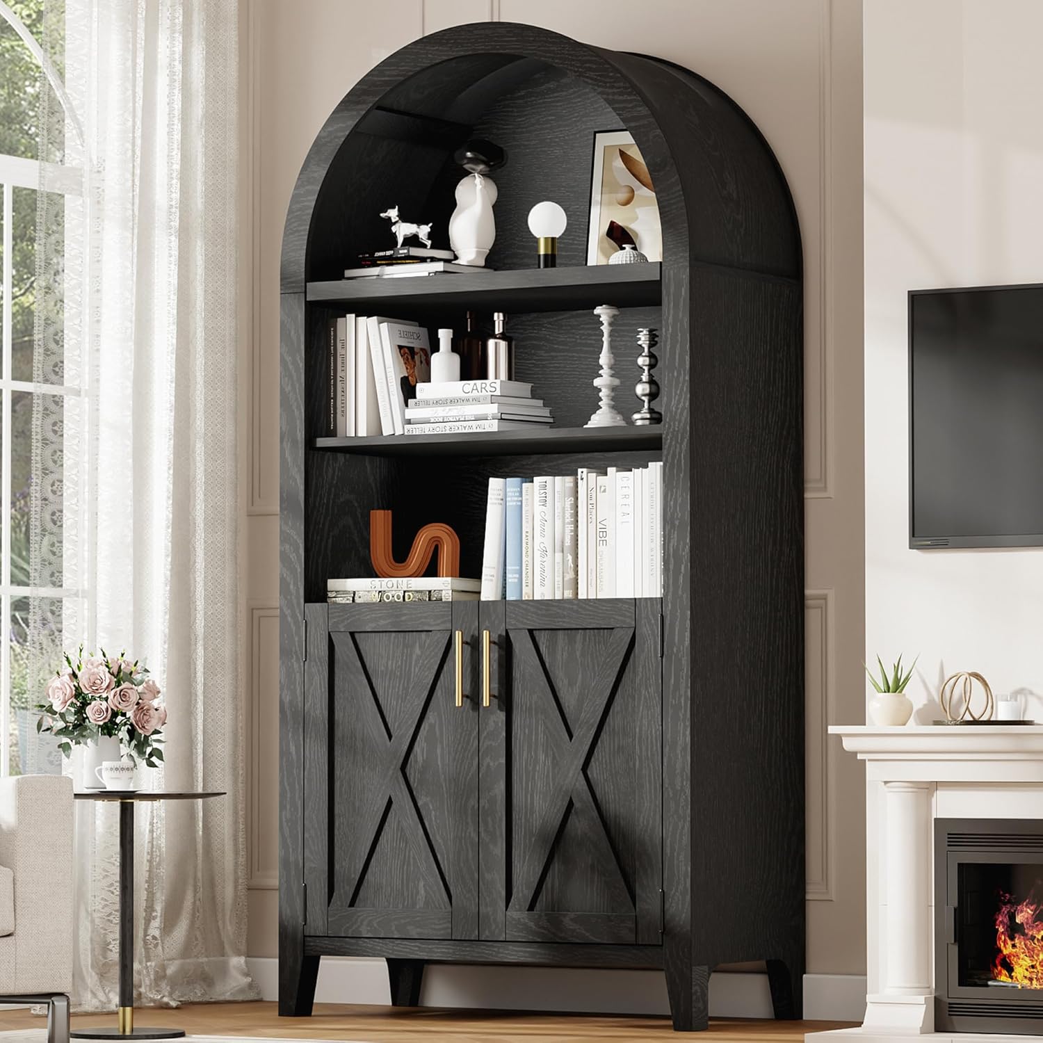 Arched Storage Cabinet with Beech Wood Door, 5-Tier Arched Bookcase, Farmhouse Kitchen Pantry with Storage – Perfect for Dining Room, Living Room, Kitchen or Home Office