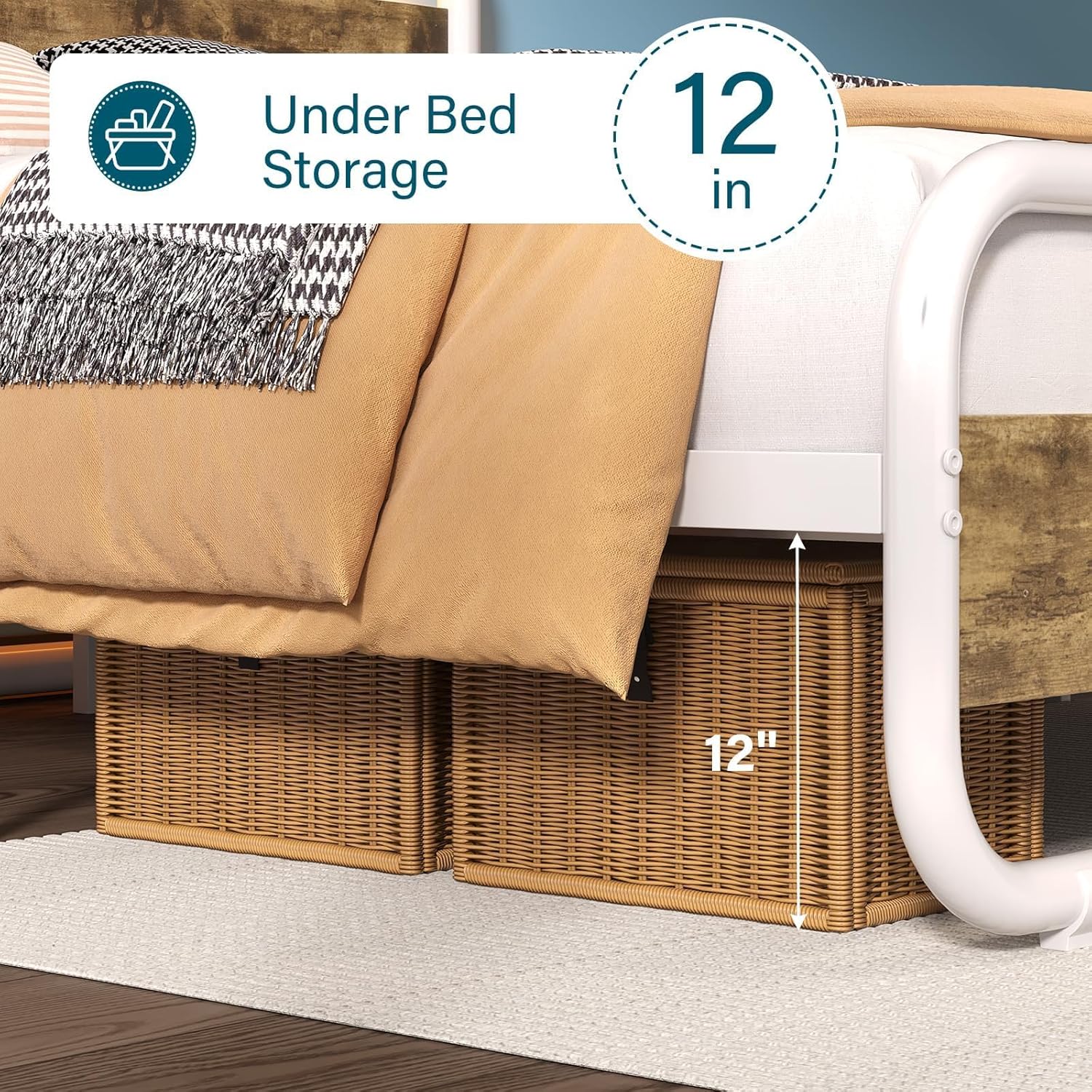 Catrimown Twin Bed Frame with LED Lights, Heavy Duty Metal Rustic Twin Platform Bed Frame with Wood Headboard, Under Bed Storage, Noise Free, No Box Spring Needed, White